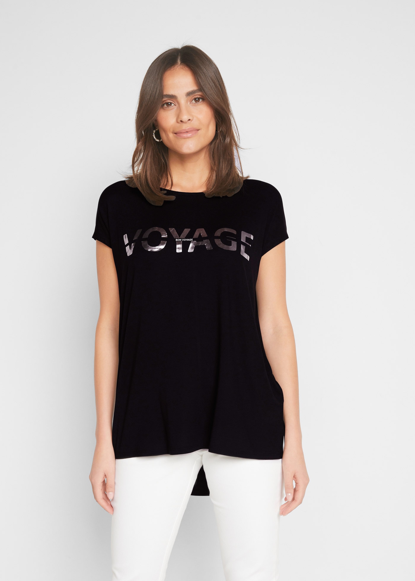 Image of bonprix Longshirt hinten länger geschnitten, Kurzarm, mit Metallic-Druck