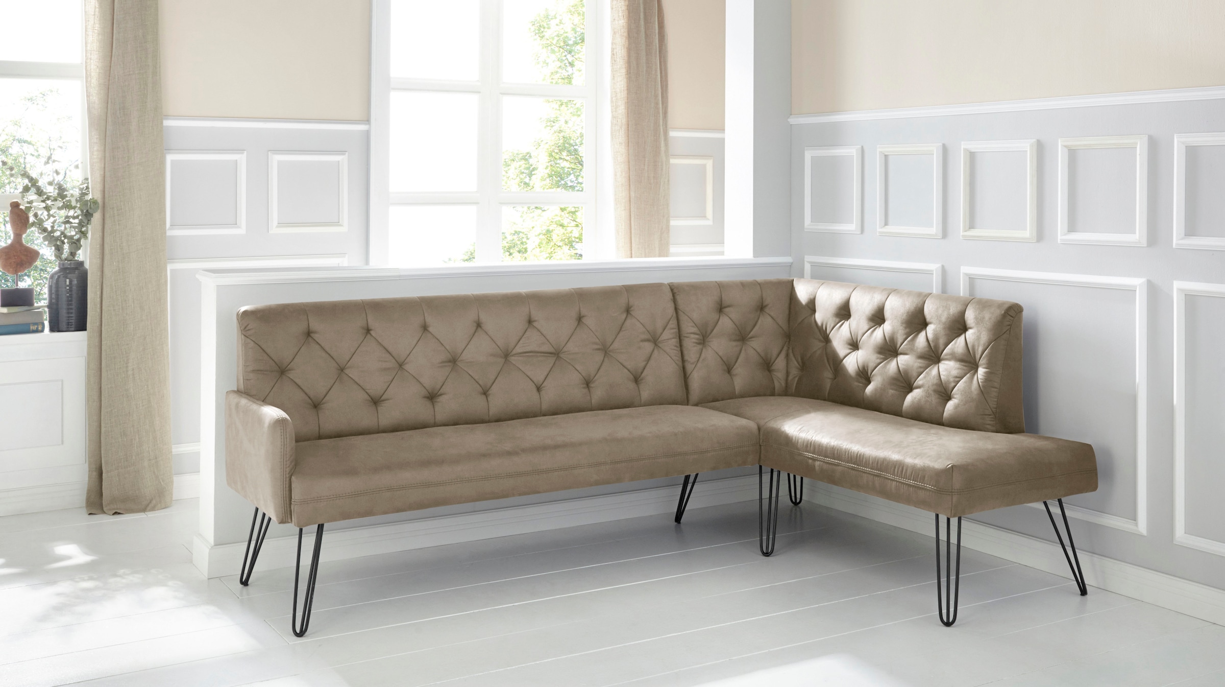 exxpo - sofa fashion Eckbank »Doppio, Chesterfield Optik, komfortabel und bequem, hohe Designfüsse«, Frei im Raum stellbar
