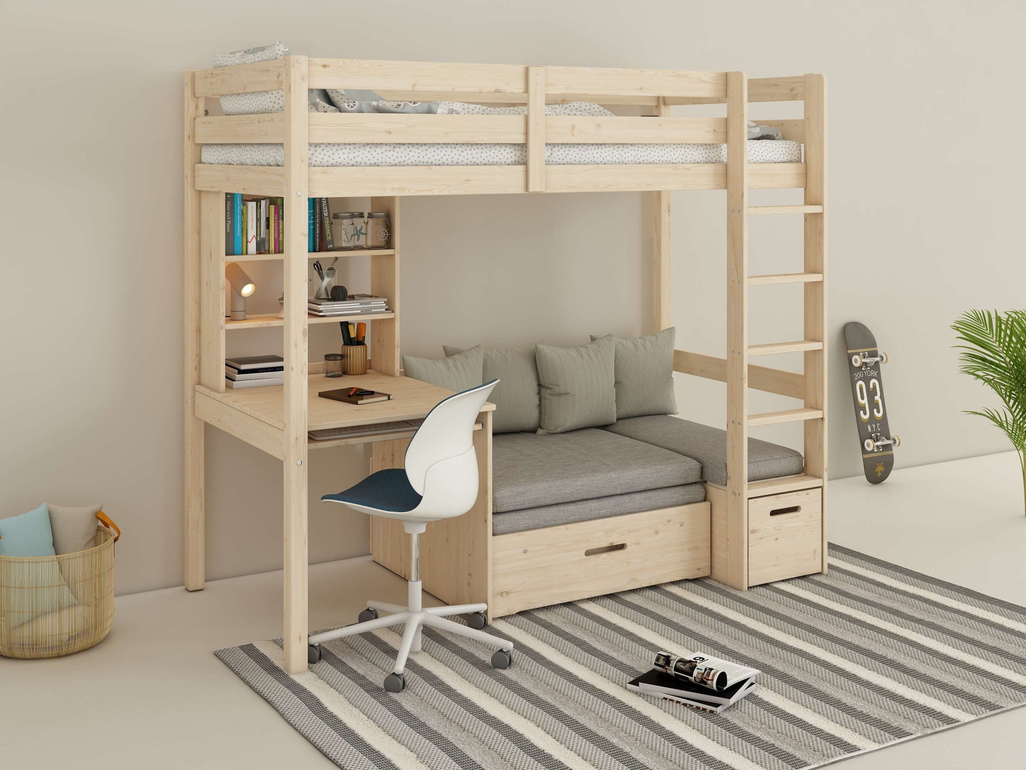 Lüttenhütt Etagenbett »HENNE' TOPSELLER! Hochbett, Ideal für kleine Räume, 2 Schlafplätze«, (zweiter Schlafplatz ausziehbar, B/H/T ca. 208/180/105cm), mit Polsterauflagen+ Schreibtisch + Stauraum, mehrere Farben