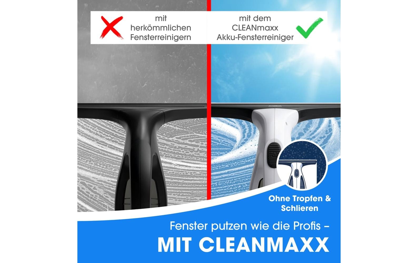 Lumaland Aspirateur de vitres sans fil »CLEANmaxx 3,7 V« Kabelloser Fensterreiniger mit Absaugfunktion