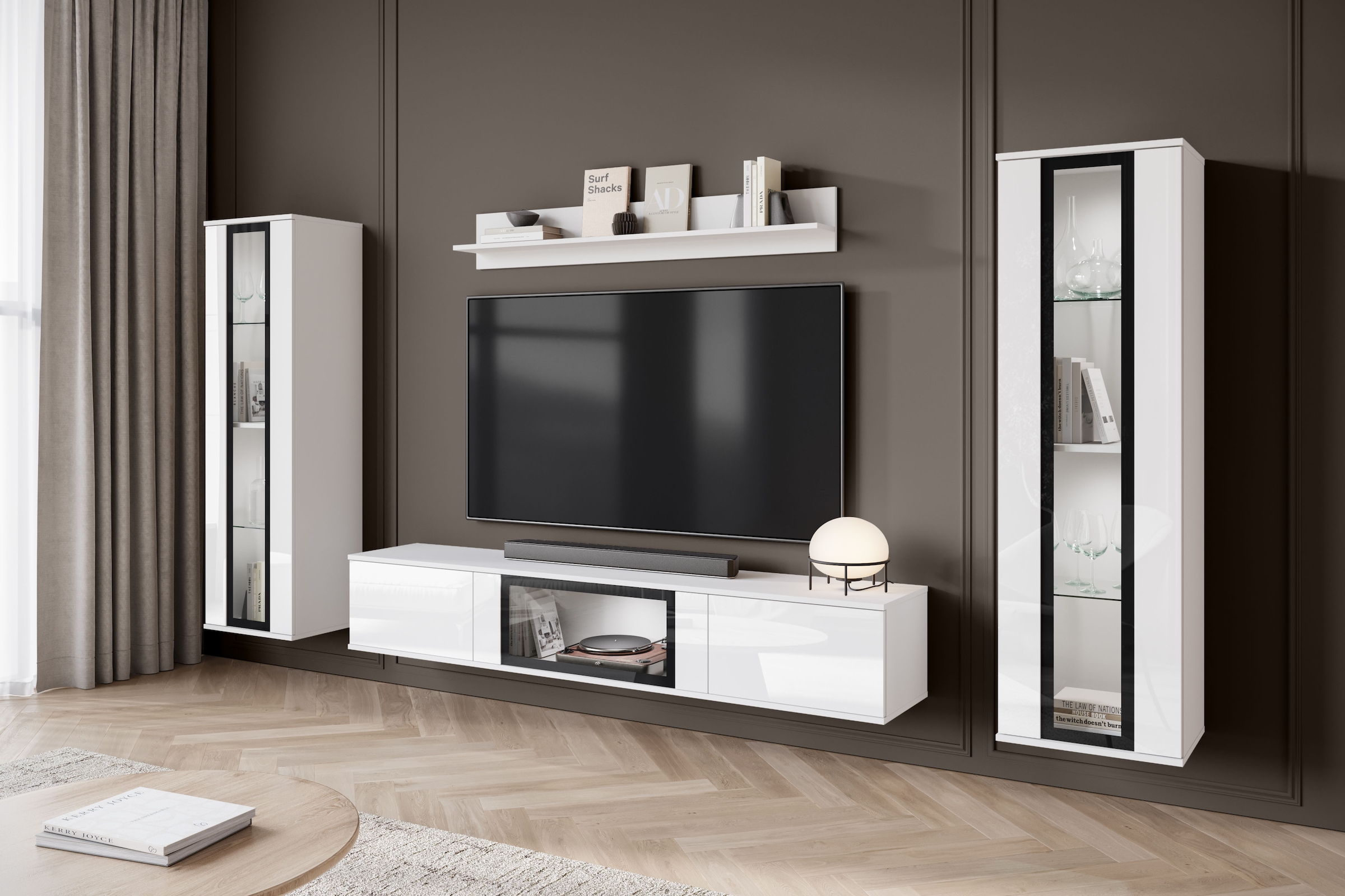 Home affaire Wohnwand »Caro, stehend und hängend montierbar« Komplett-Set, Vitrine Türanschlag links/rechts wechselbar, 4 Stk. tlg.