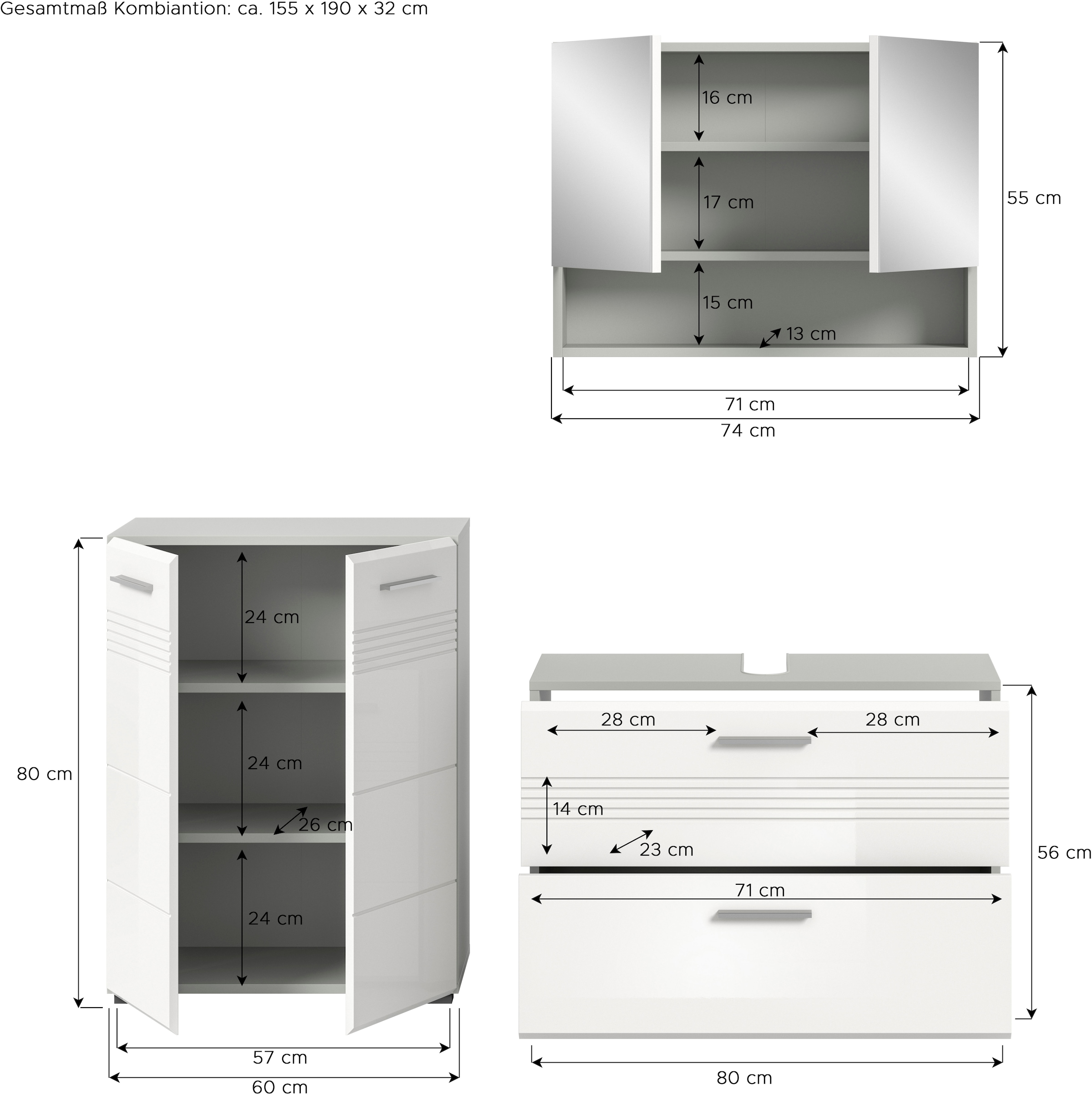welltime Badmöbel-Set »Calicio, bestehend aus: Midischrank, Waschbeckenunterschrank,« 3 Stk. tlg.