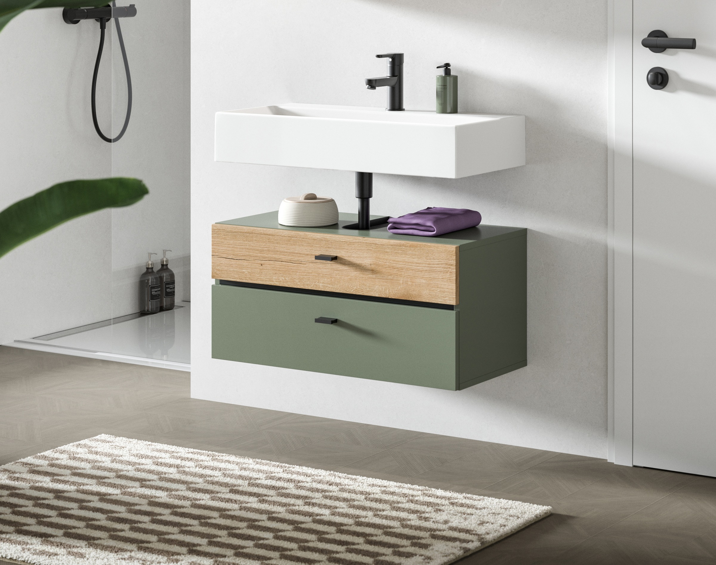 welltime Waschbeckenunterschrank "VANN, Breite 75cm, hängende, 2 Schubkästen, mit Siphonausschnitt" individuell mit weiteren Artikel der Serie VANN kombinierbar, Waschtisch, Waschbeckenschrank, Kommode, Schrank, Badezimmer, Bad
