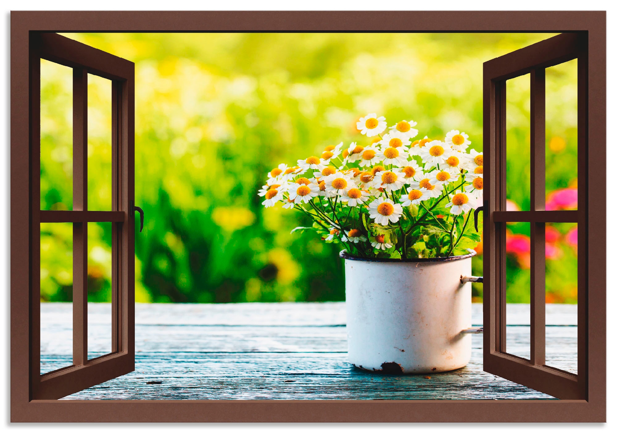 Image of Artland Alu-Dibond-Druck "Fensterblick Garten mit Gänseblümchen" Blumen 1 Stk. tlg. für Innen- und Aussenbereich geeignet, Outdoorbild