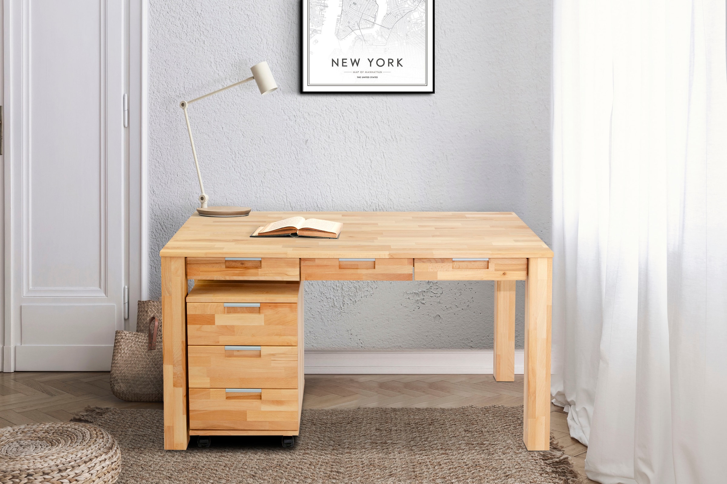 Home affaire Büro-Set »Robi«, (Set, 2 tlg.), Buchenholz, bestehend aus Robi Schreibtisch 135 cm und Rollcontainer