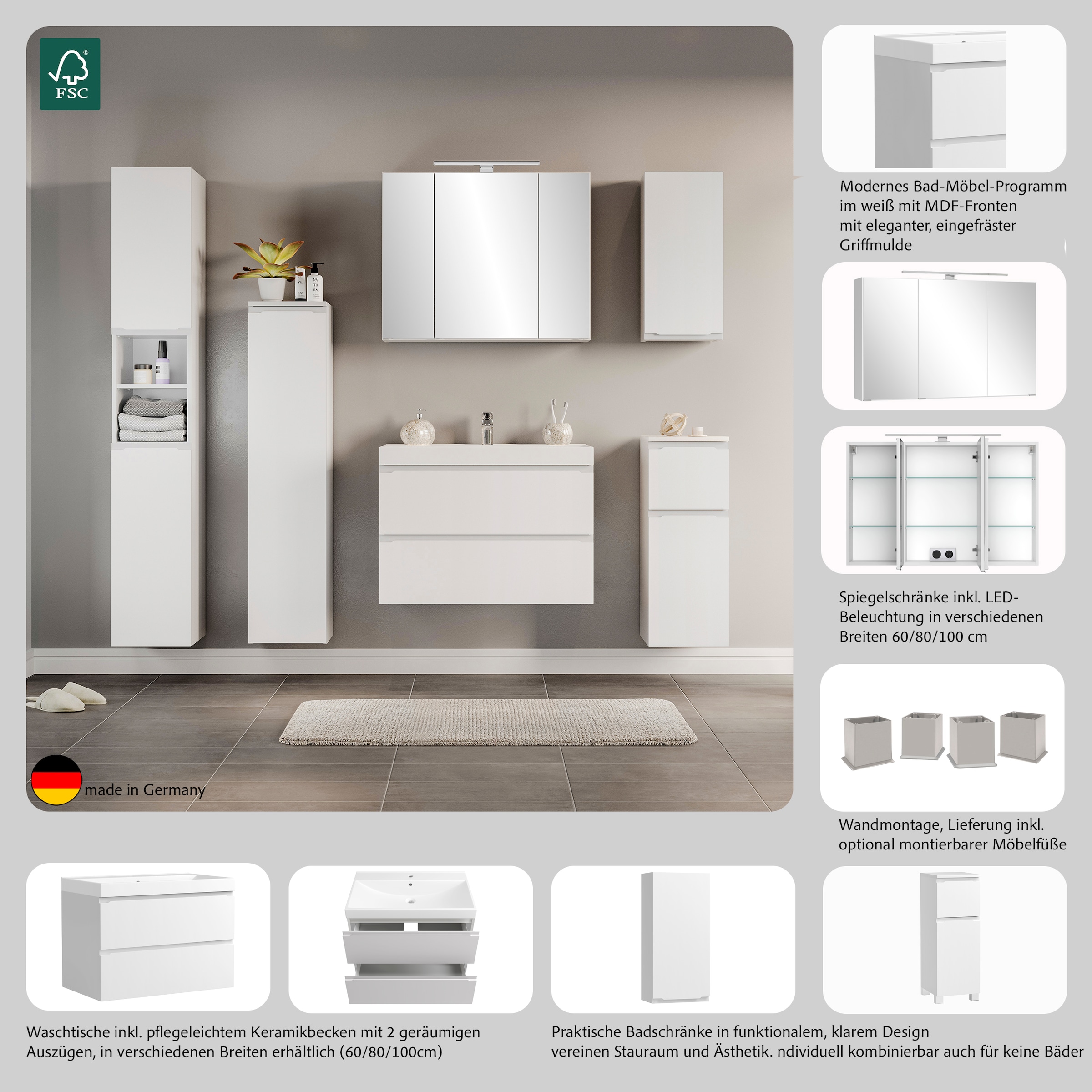 welltime Armoire intermédiaire »CABO, gedämpfte Scharniere« blanc mat, design sans poignées, réversible