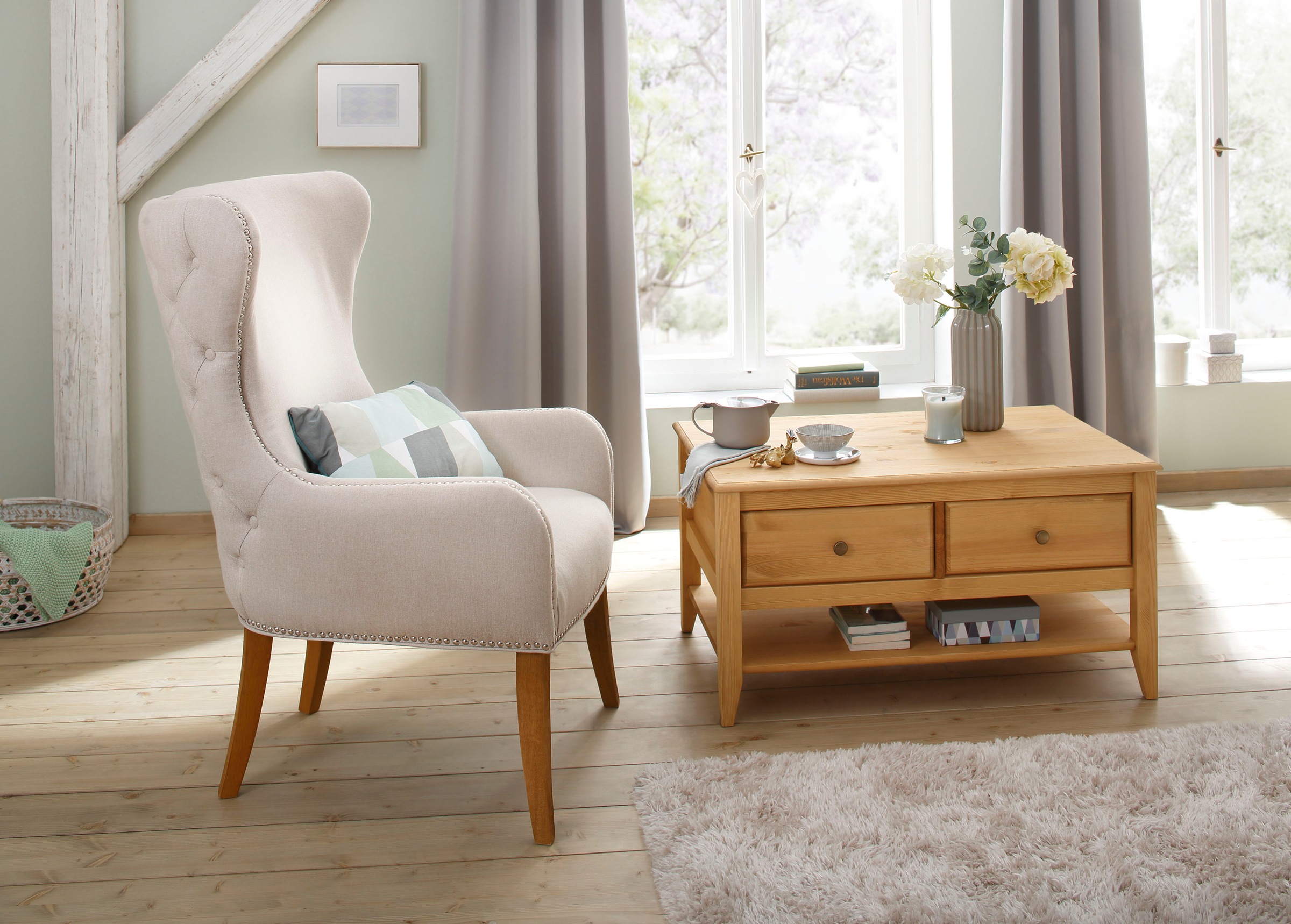 GOODproduct Couchtisch »Leonis« Breite 89 cm, mit Schubladen und Ablageboden, massiver Kiefer,  FSC®