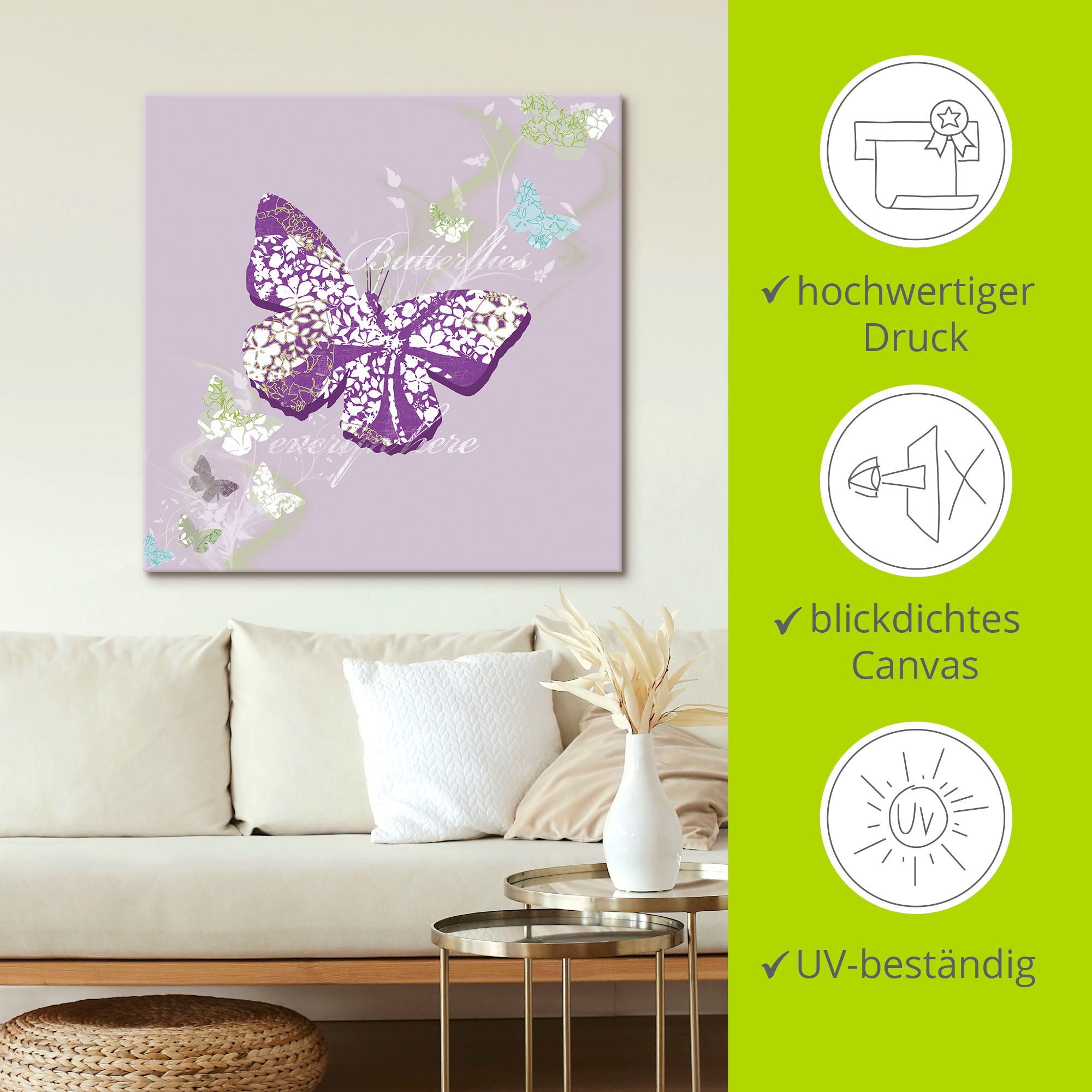 Artland Leinwandbild »Schmetterlinge in violett«, Insekten, (1 St.), auf Keilrahmen gespannt