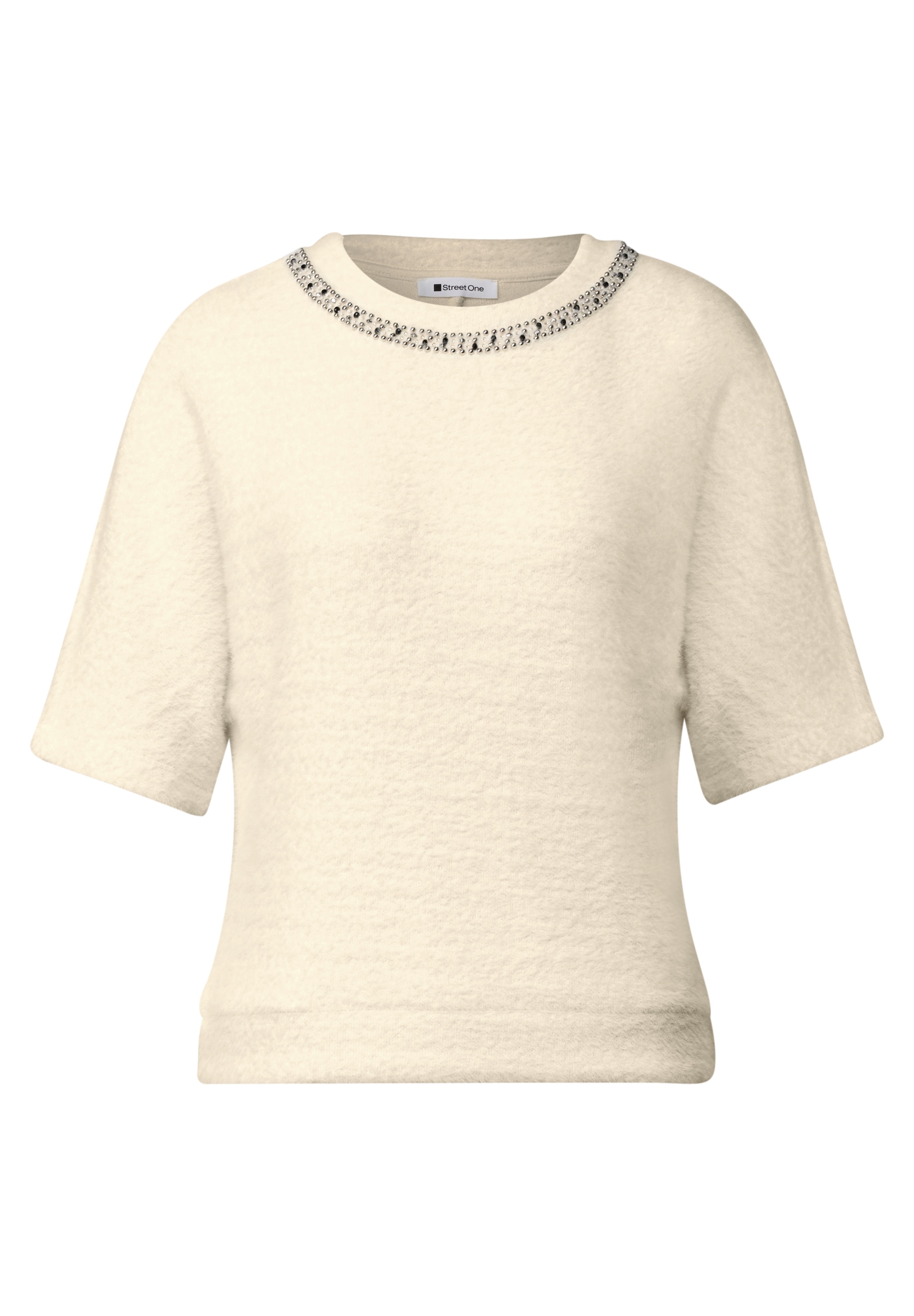 STREET ONE Pull à manches courtes Plüsch-Shirt mit Rundhals und Schmucksteinen