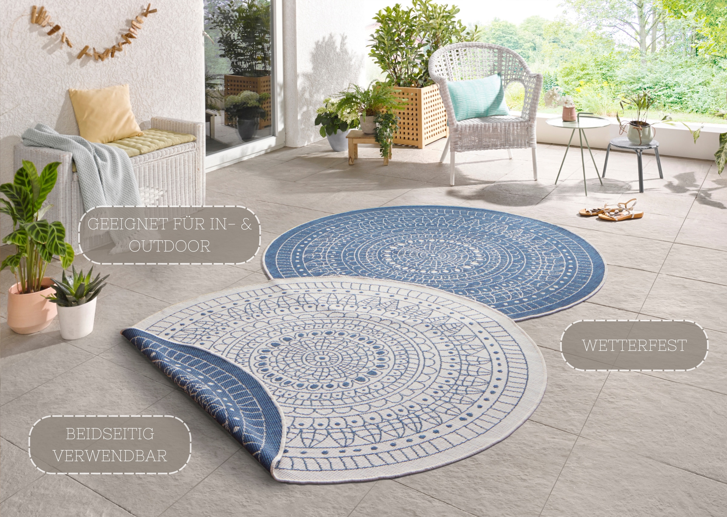 NORTHRUGS Teppich »Porto Wendeteppich«, rund, In-& Outdoor, Wetterfest, Balkon, Garten, Wohnzimmer, Wasserfest