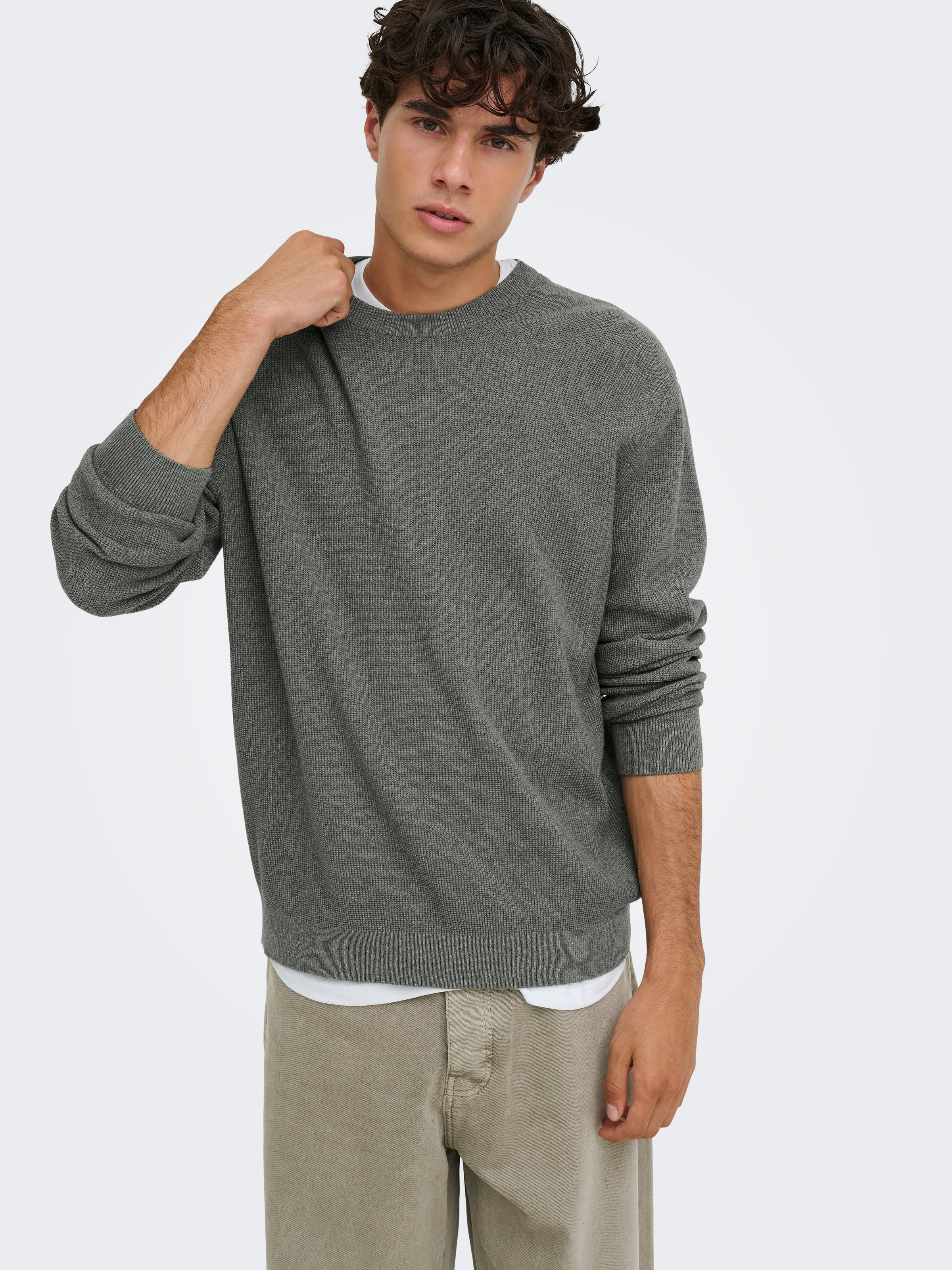 ONLY & SONS Strickpullover »ONSJOEY RLX MELANGE LS WAFFLE KNIT NOOS« Baumwolle, relaxed fit
