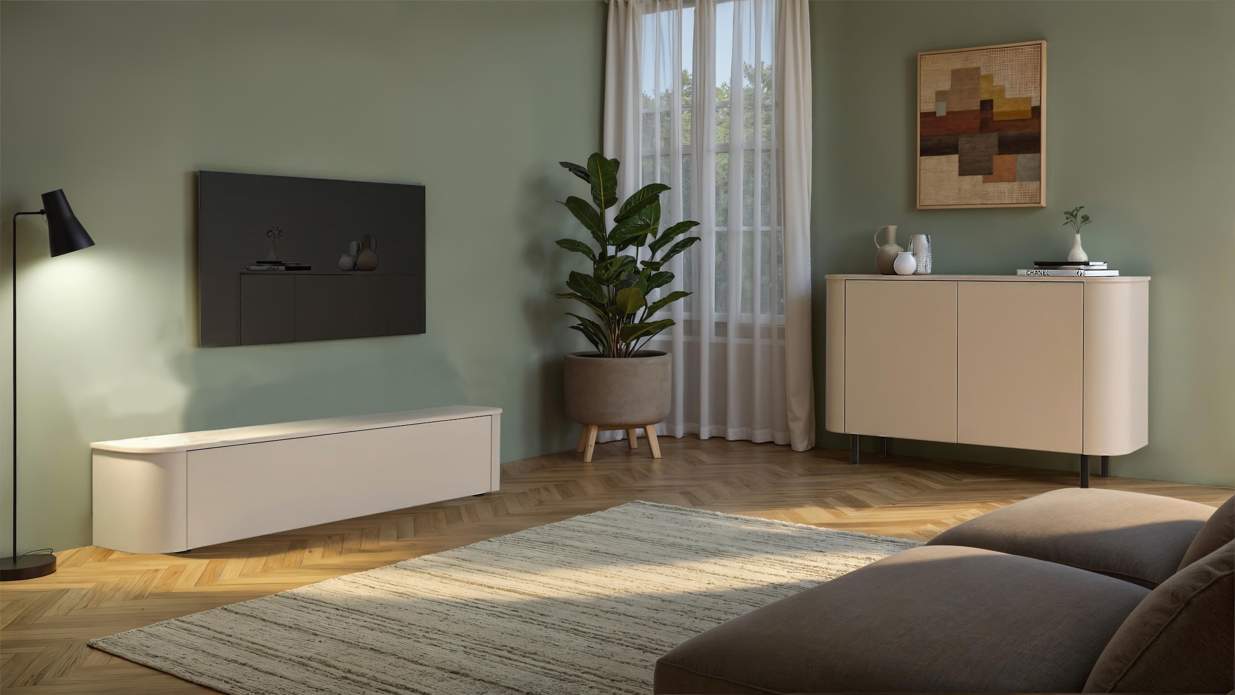 INOSIGN Sideboard »Lido, 131 cm breit, 2 Türen, Anrichte, Kommode, Stauraumschrank« Formgebogenes MDF, Stirnseiten mit Rundung, Push-to-open, Metallfüsse