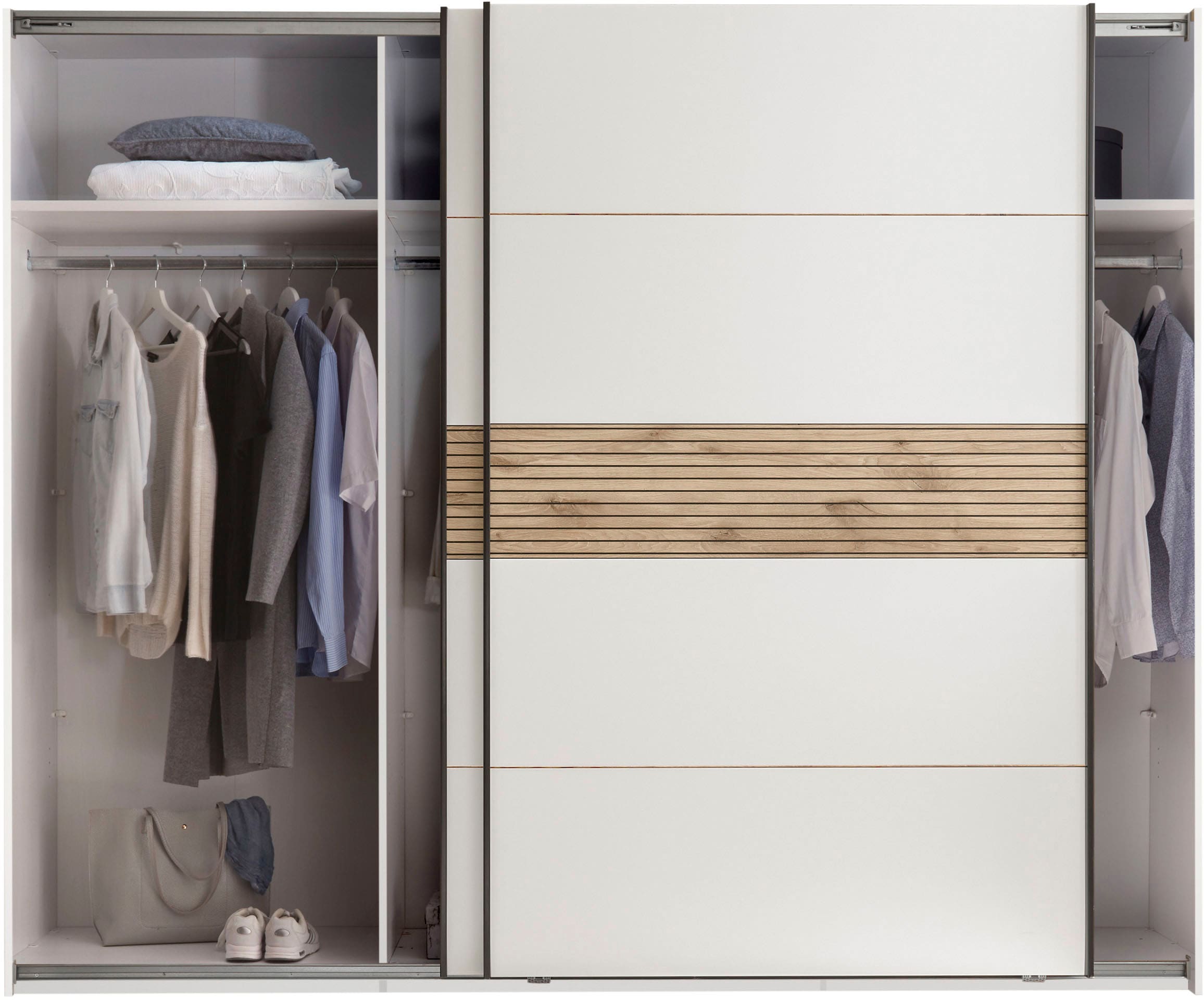 Schlafkontor Kleiderschrank »Leo Schwebetürenschrank, Schiebetürenschrank mit Spiegel«, Absetzung in Viking Oak heller Rillenoptik und Spiegel