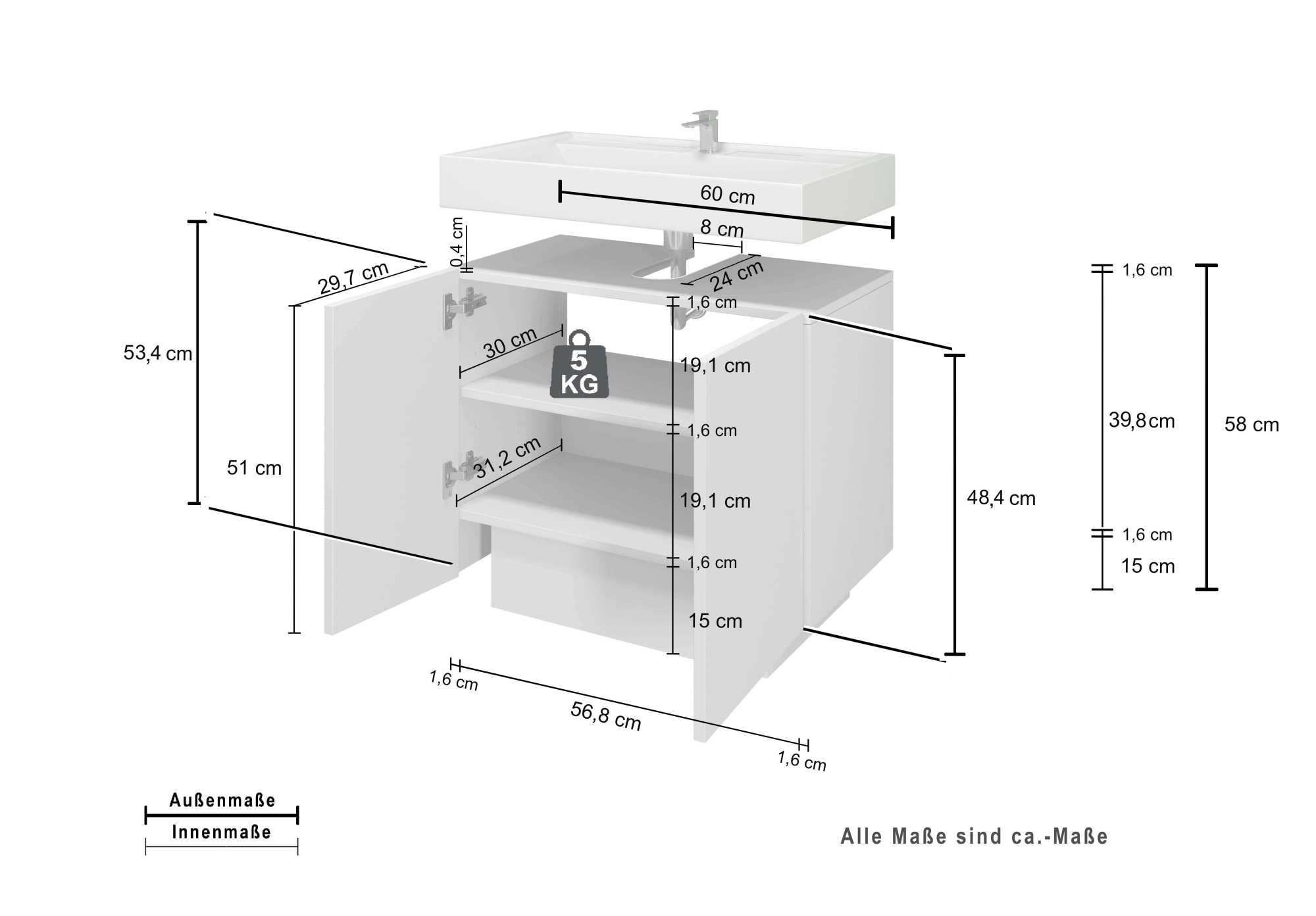 welltime Armoire sous lavabo »Vela,Breite 60cm, 2 Türen, 2 Fächer, mit Siphonausschnitt, lackiert« 1 cuis tlg. meuble sous-lavabo, plan vasque, design avec portes inclinées