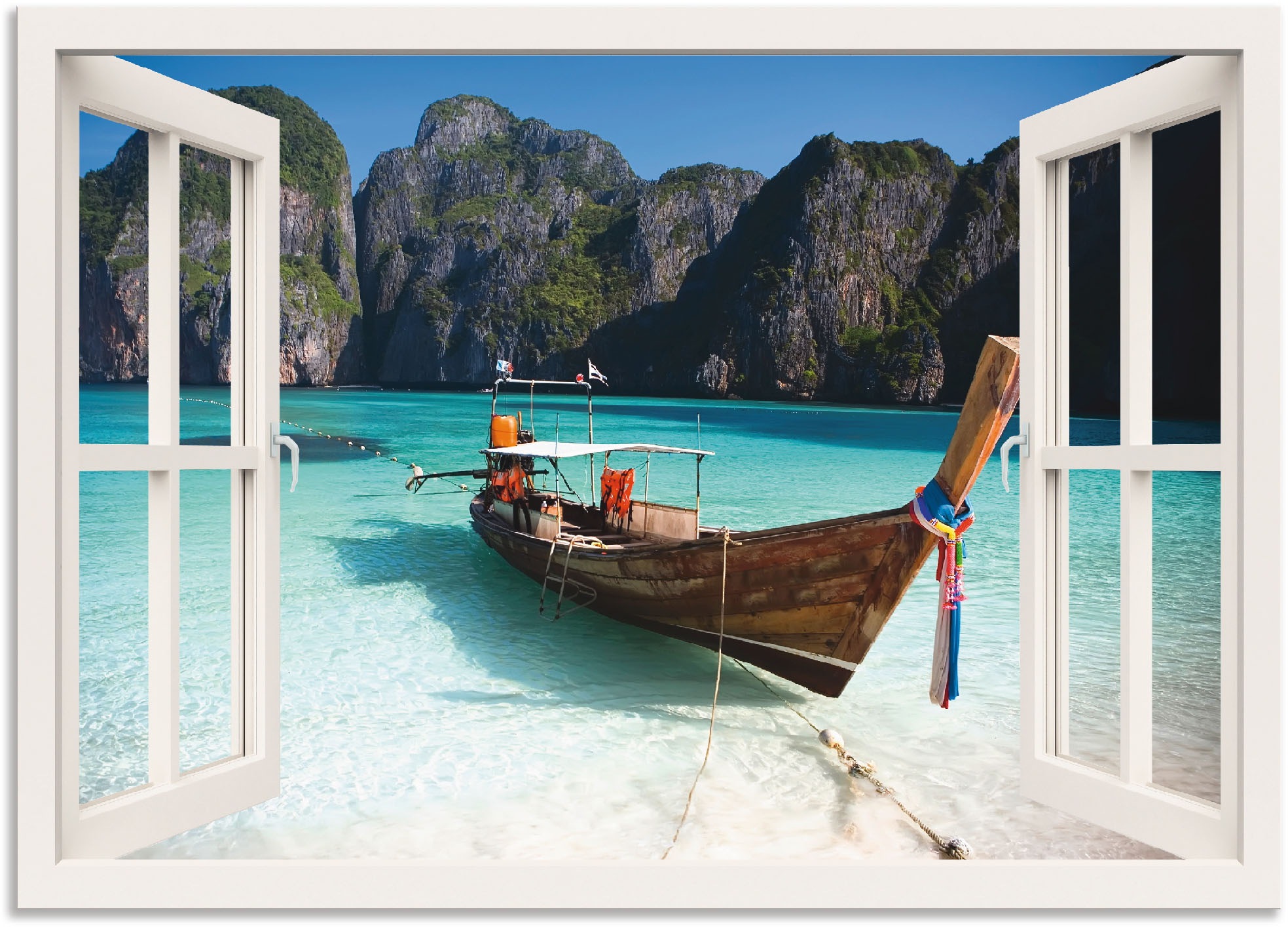 Image of Artland Wandbild »Fensterblick Maya Bay Koh Phi Phi Leh«, Fensterblick, (1 St.), in vielen Grössen & Produktarten - Alubild / Outdoorbild für den Aussenbereich, Leinwandbild, Poster, Wandaufkleber / Wandtattoo auch für Badezimmer geeignet bei Ackermann Ve