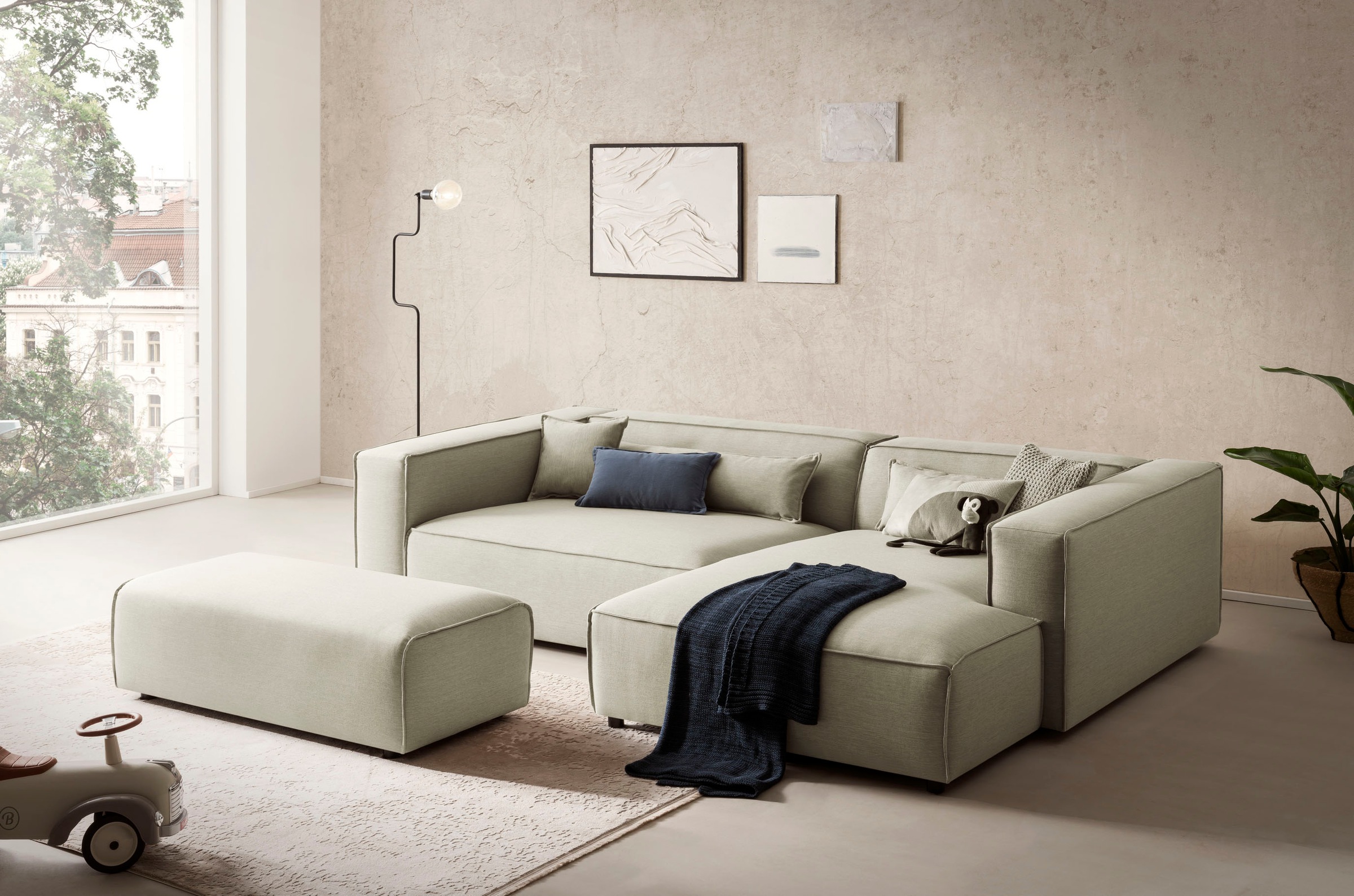 LeGer Home by Lena Gercke Hocker »PIARA, Polsterhocker mit Kedernaht in Cord oder Leinenoptik«, zur Serie PIARA, rechteckig, schwarze Füsse, bequemer Sitzkomfort