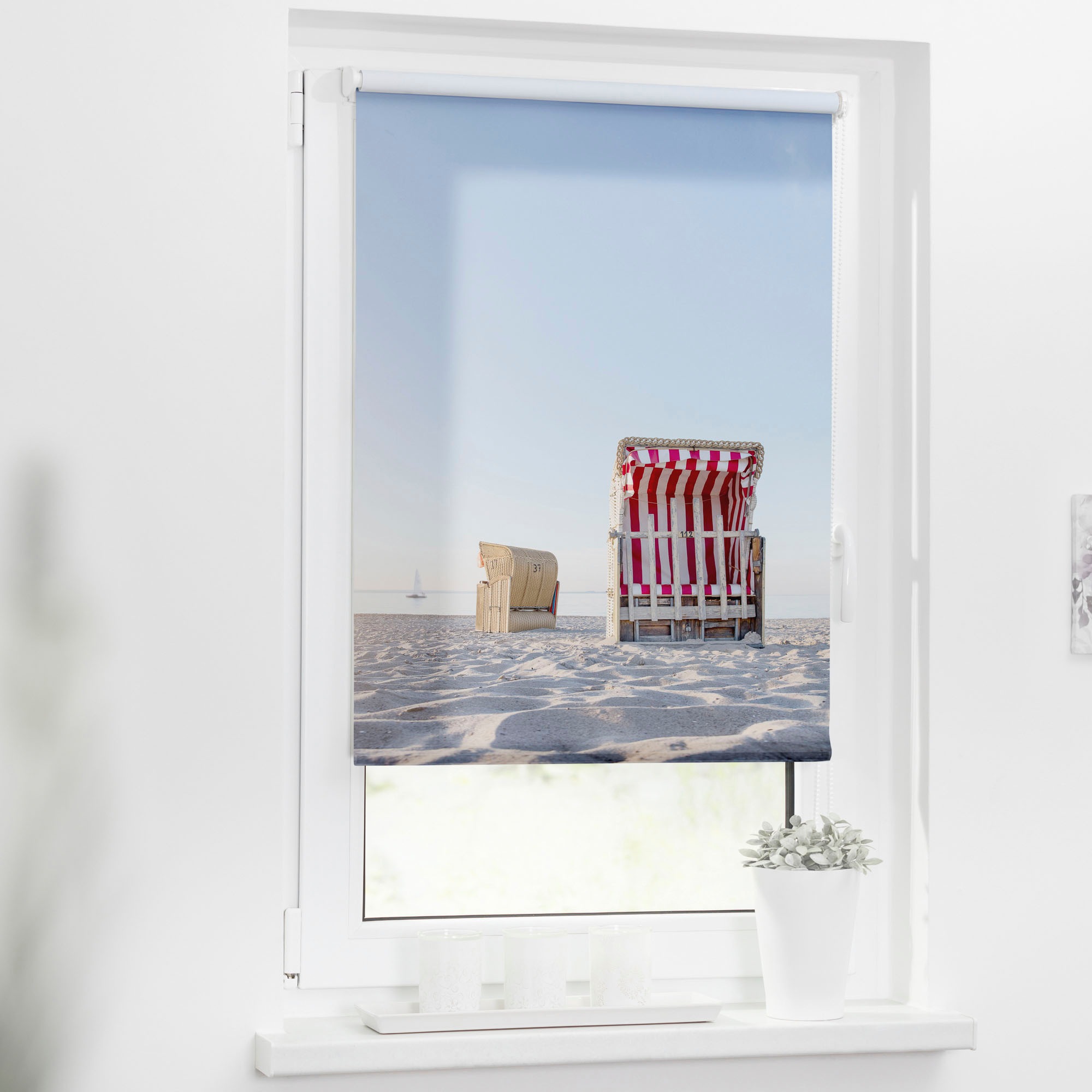 LICHTBLICK ORIGINAL Store à tirage latéral »Rollo Klemmfix, ohne Bohren, Verdunkelung, Strandkorb - Blau Beige« verdunkelnd freihängend