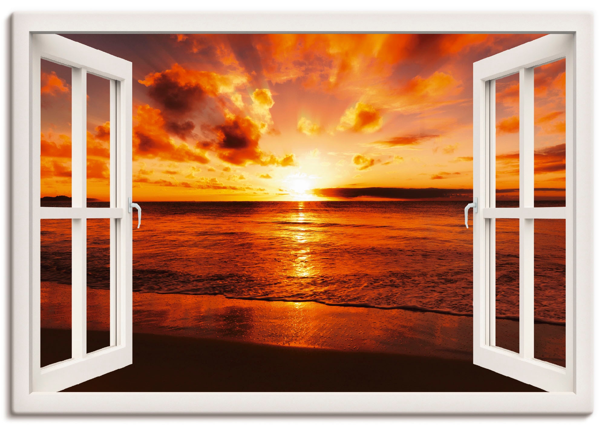 Artland Wandbild »Fensterblick Sonnenuntergang am Strand«, Fensterblick, (1  St.), als Leinwandbild, Wandaufkleber oder Poster in versch. Grössen  günstig kaufen