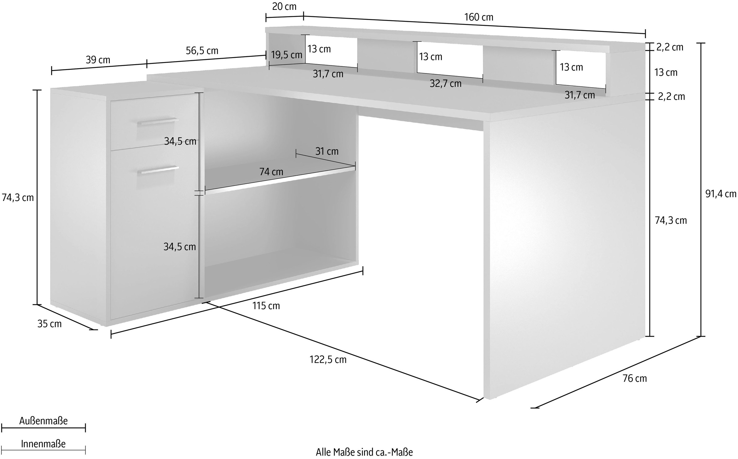 Home affaire Bureau »Chester« 2 cuis tlg. bureau gaming avec meuble bas - bureau dimensions (L/P/H) 160/115/92 cm