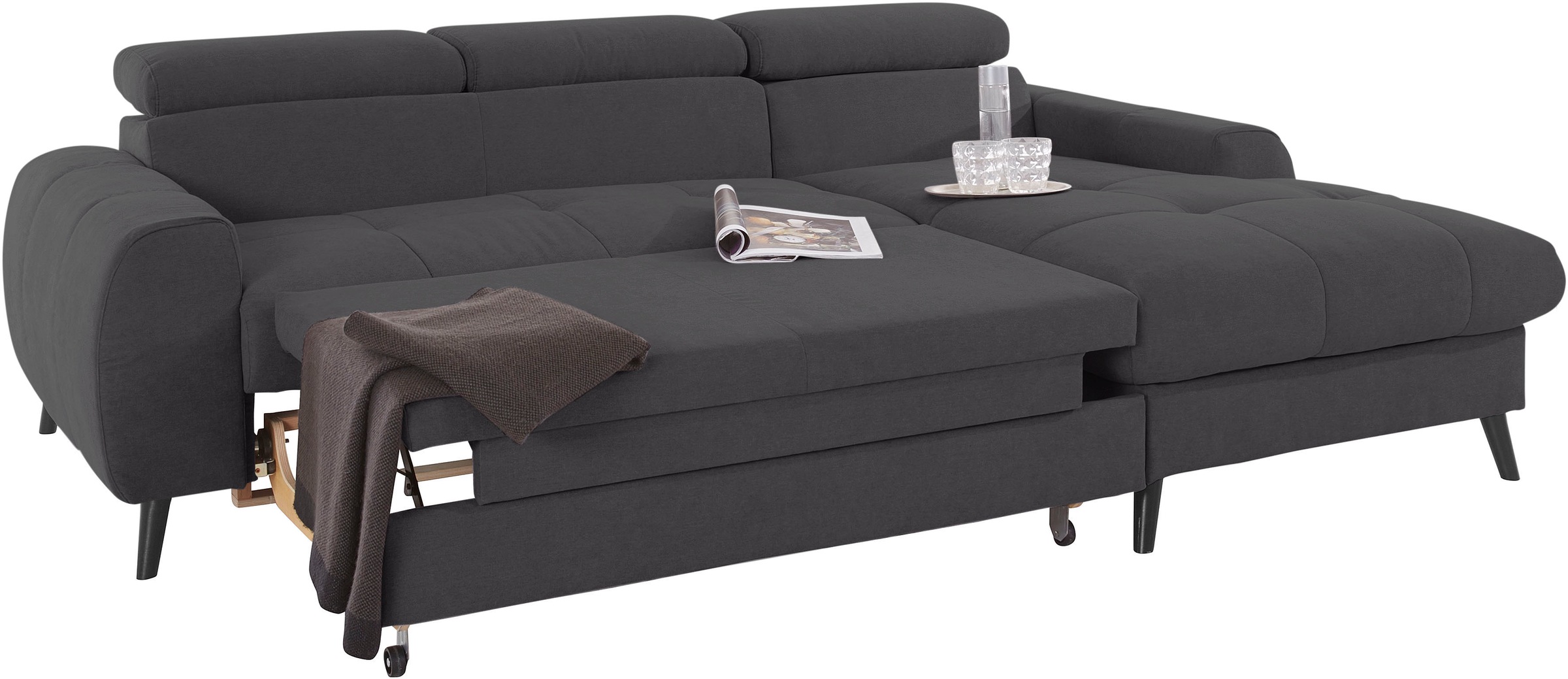 COTTA Ecksofa »Mia L-Form mit 3 Zierkissen«, wahlweise mit Bettfunktion, Bettkasten, Beleuchtung & Wireless-Charger