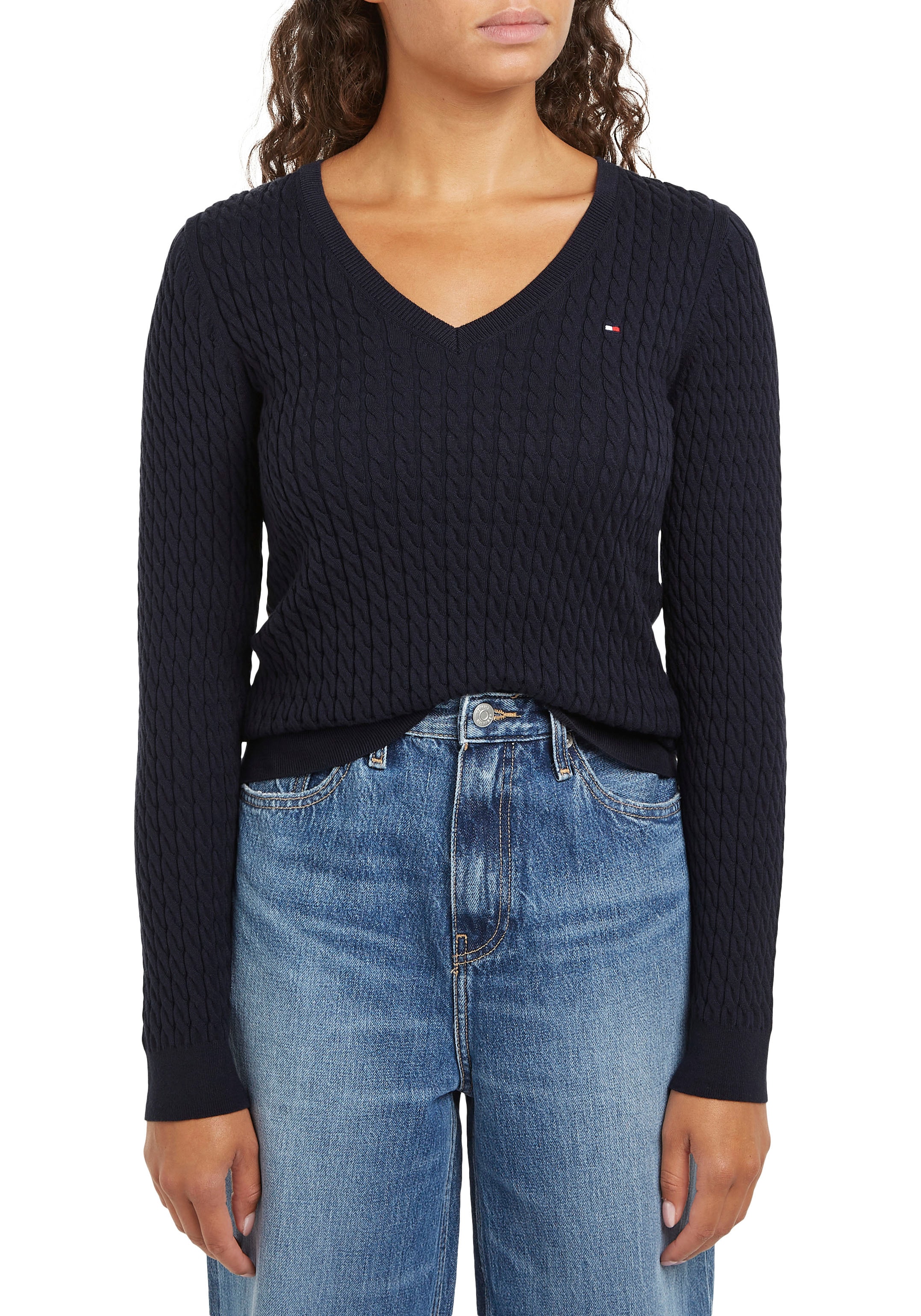 Tommy Hilfiger Strickpullover »CO CABLE V-NK SWEATER«, mit Zopfmuster