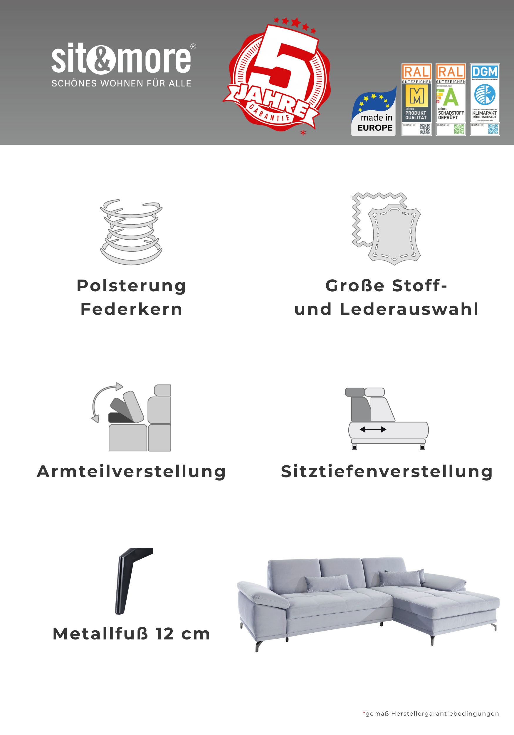 GOODproduct Ecksofa »Costello L-Form, B: 301 cm mit Sitztiefen-, Armteilverstellung &« 3 Nierenkissen, optional Schlaffunktion & Bettkasten