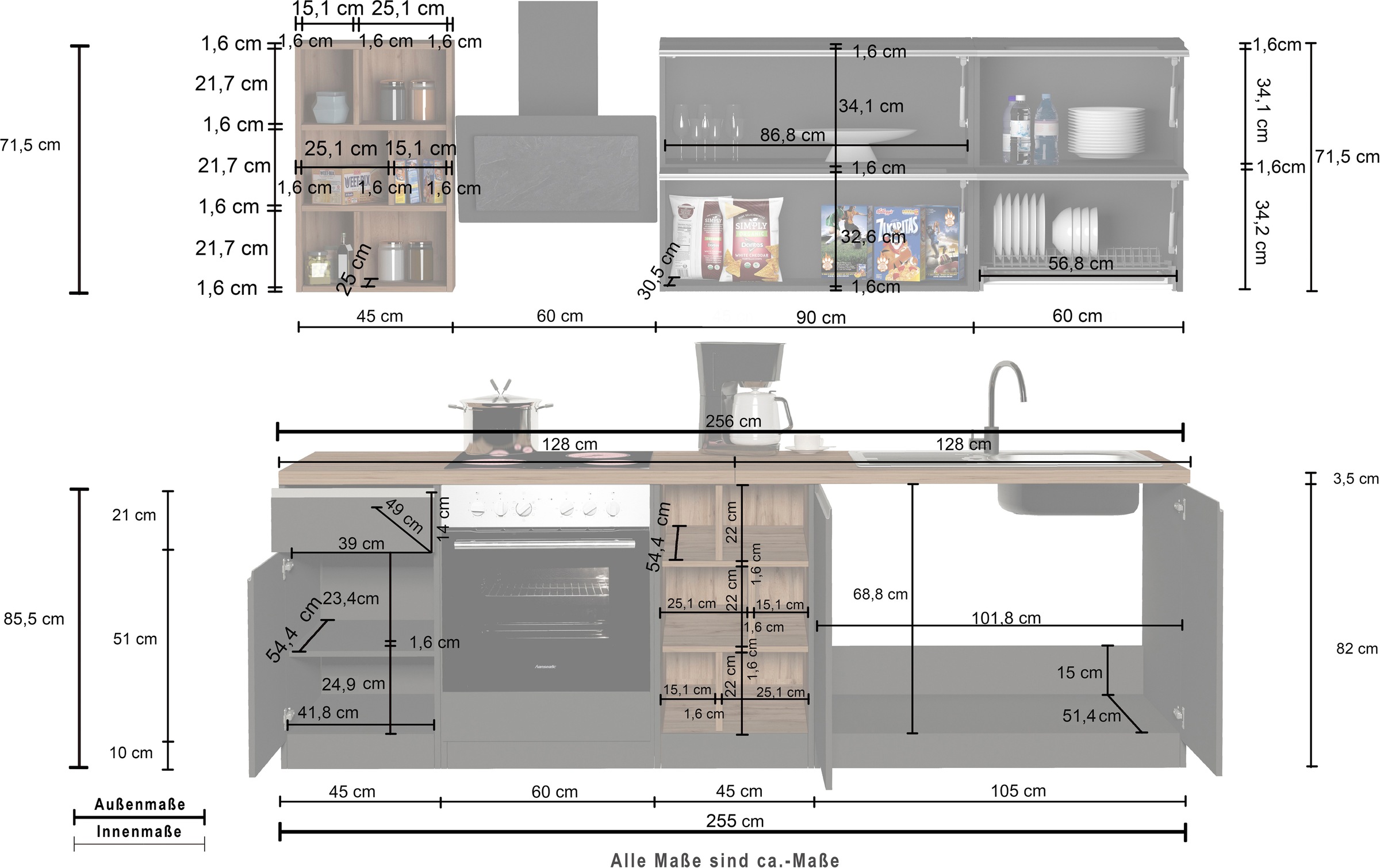 KOCHSTATION Kitchenette »KS-Sole« Breite 256 cm, Hängeschränke mit Milchglas, ohne E-Geräte