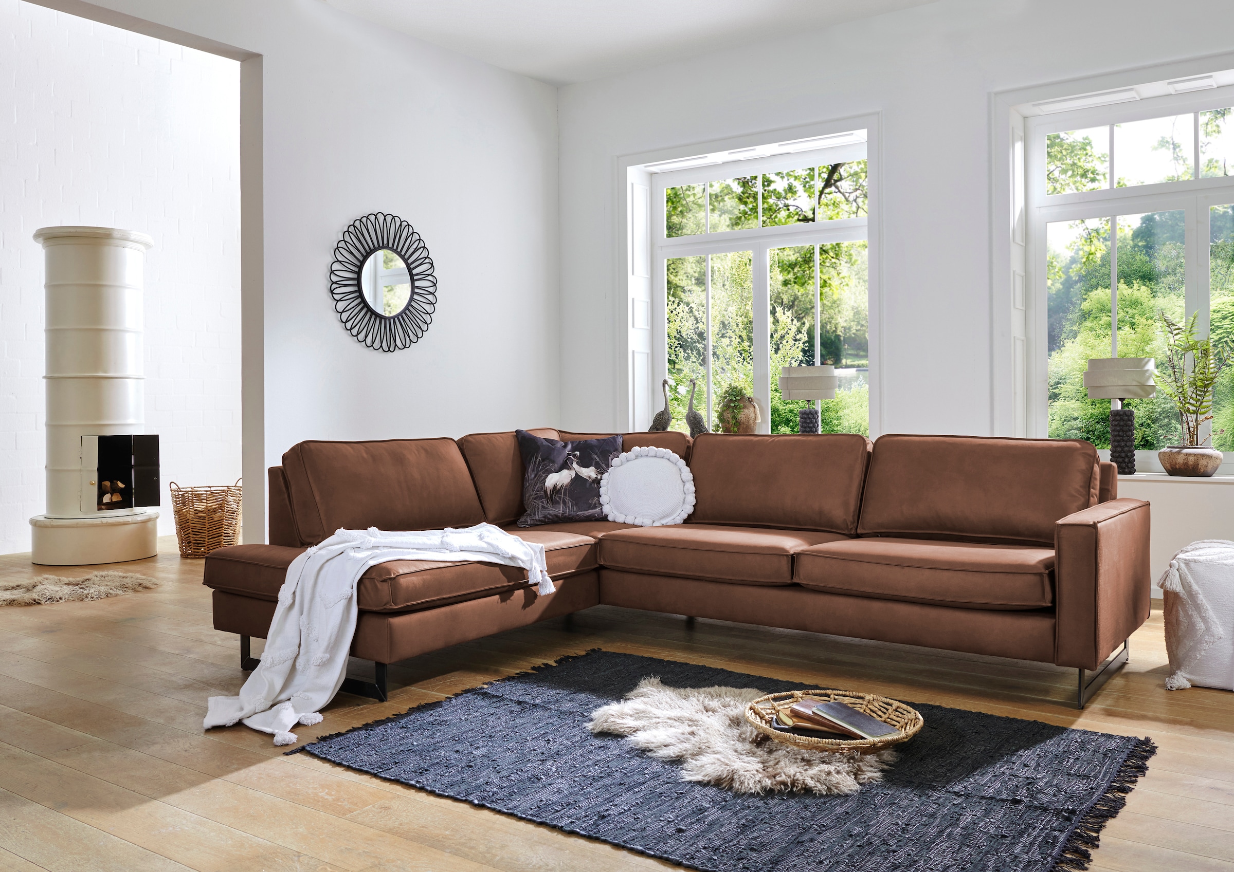 Image of Home affaire Ecksofa "Pinto, 290 cm, Cord, Chenille, Lederoptik, Ottomane links / rechts" mit Keder, schwarze Metallfüsse, Wellenunterfederung
