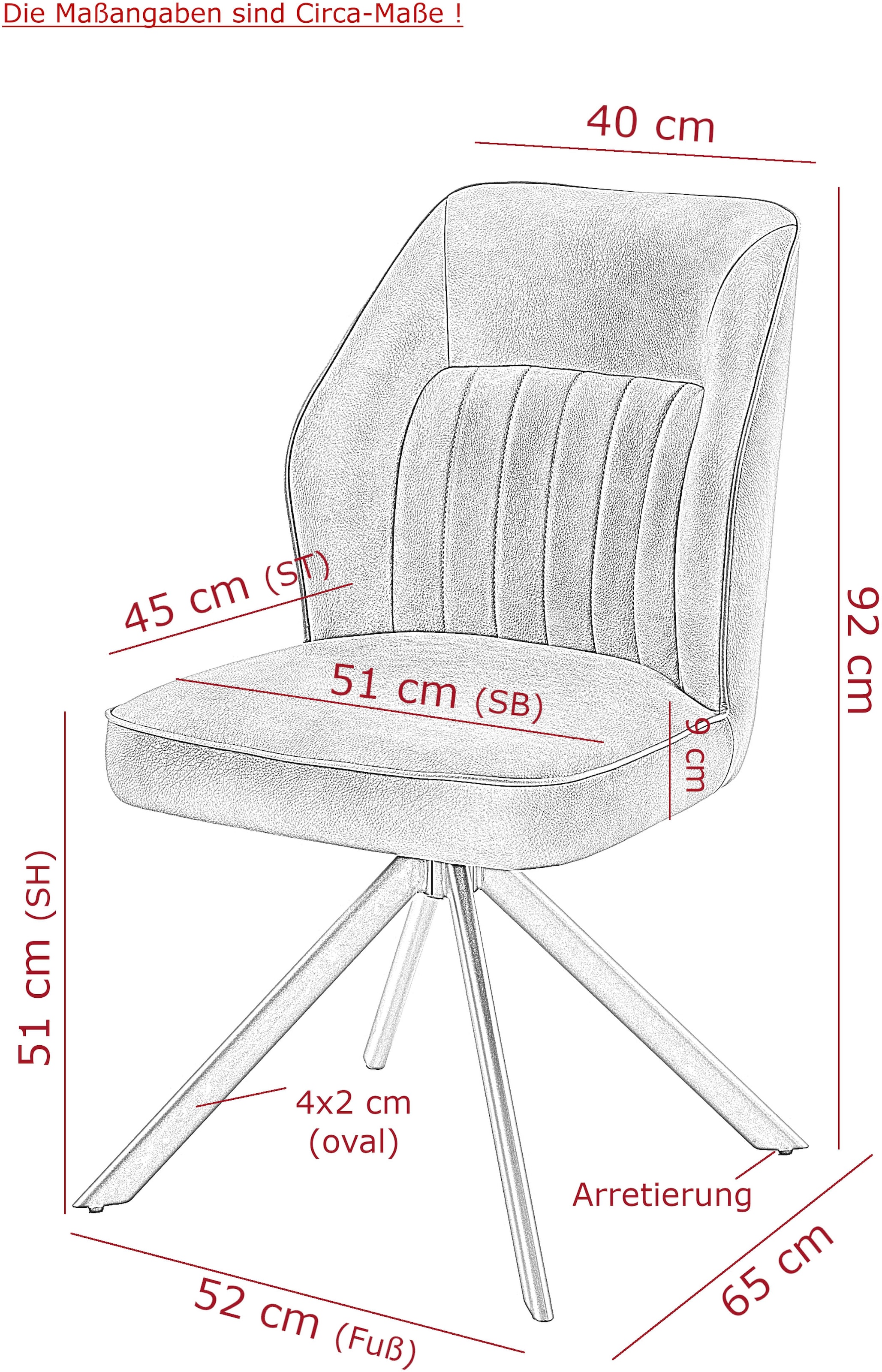 HELA 4-Fussstuhl »PRIZZI« (Set) 1 Stk.4-Fuss, 360° drehbar, Gestell oval, gepolstert, Lederoptik