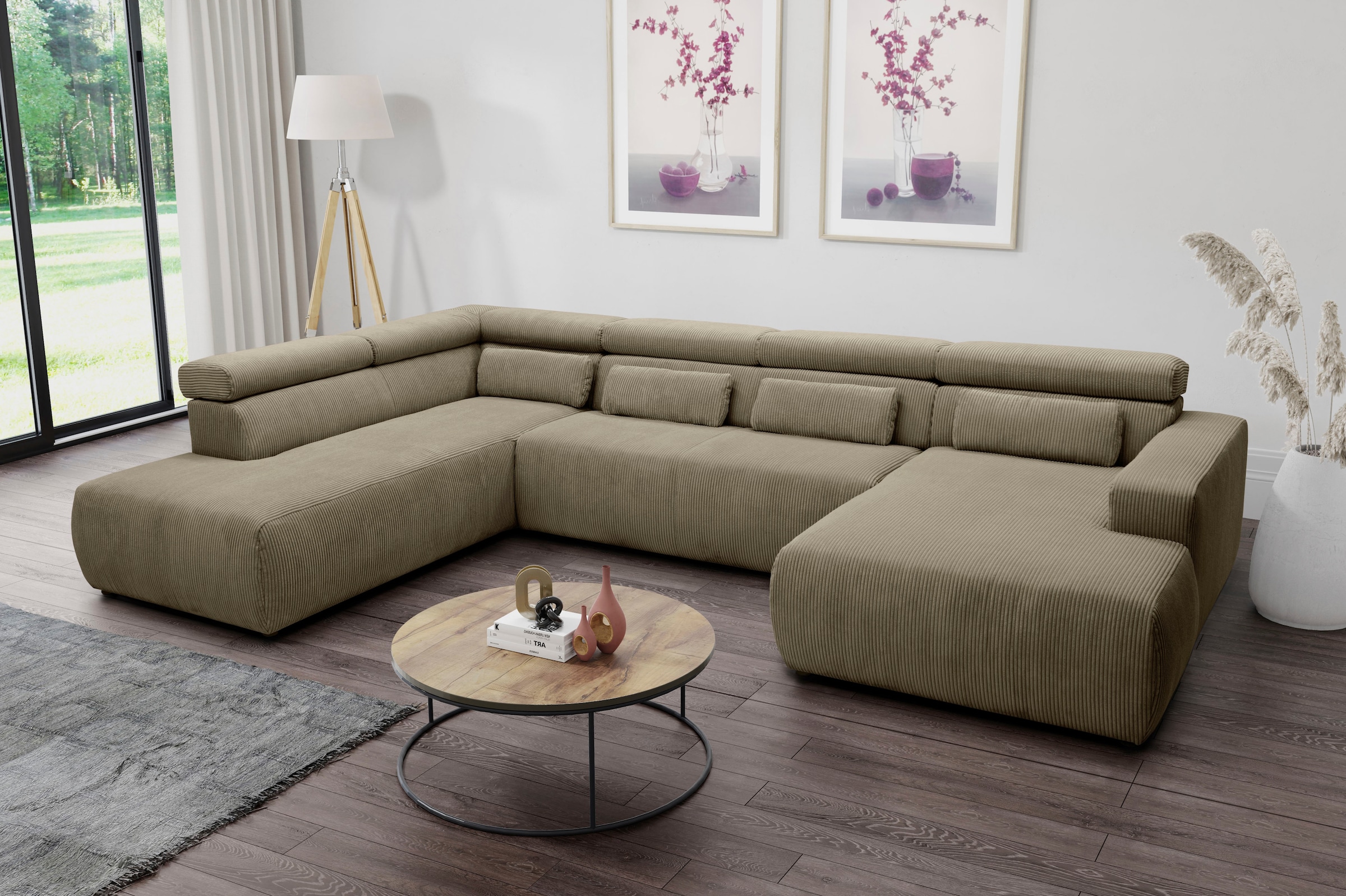 DOMO collection Wohnlandschaft »Brandon viele Bezugsarten, auch in Cord und Leder, incl. Nierenkissen«, mit Kopfteilverstellung, wahlweise Sitztiefenverstellung, U-Form