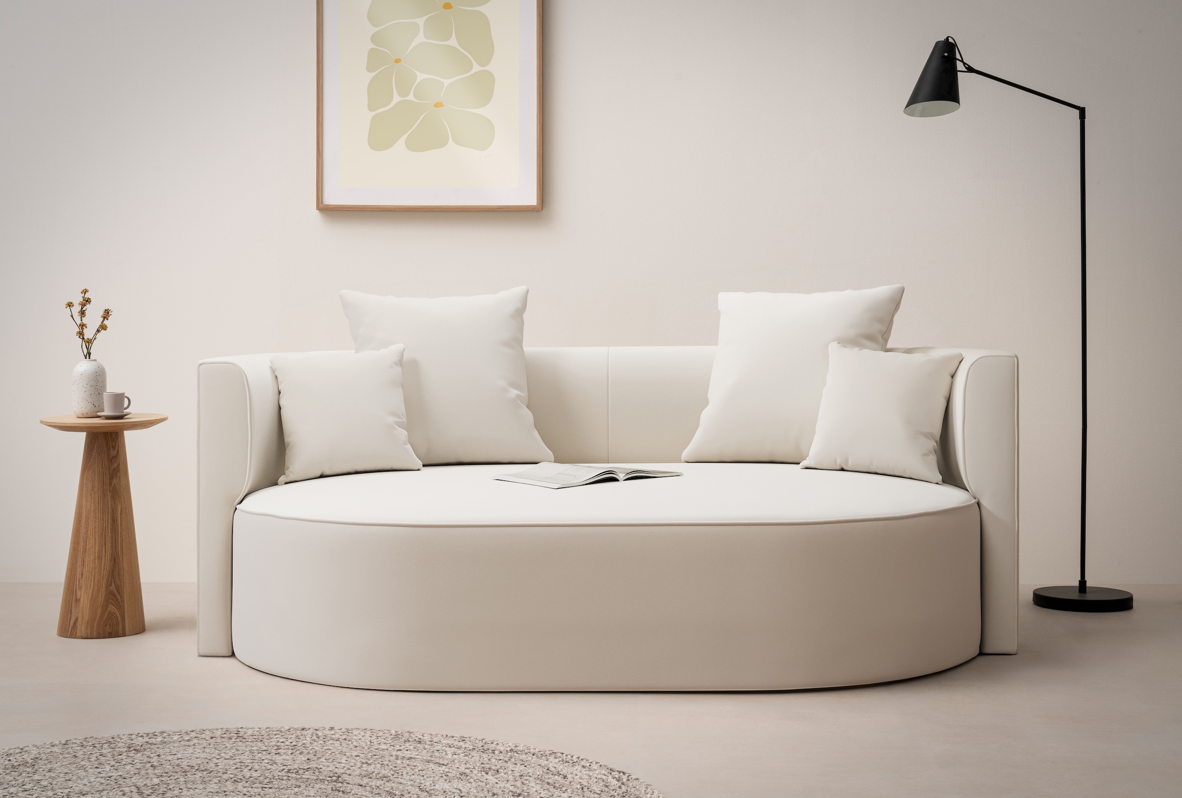 LeGer Home by Lena Gercke 2,5-Sitzer »ISALIE, rundes Loungesofa, mit Kissen, perfekt gepolstert«, moderne Stoffe, mit 4 Zierkissen, extra grosse Sitzfläche