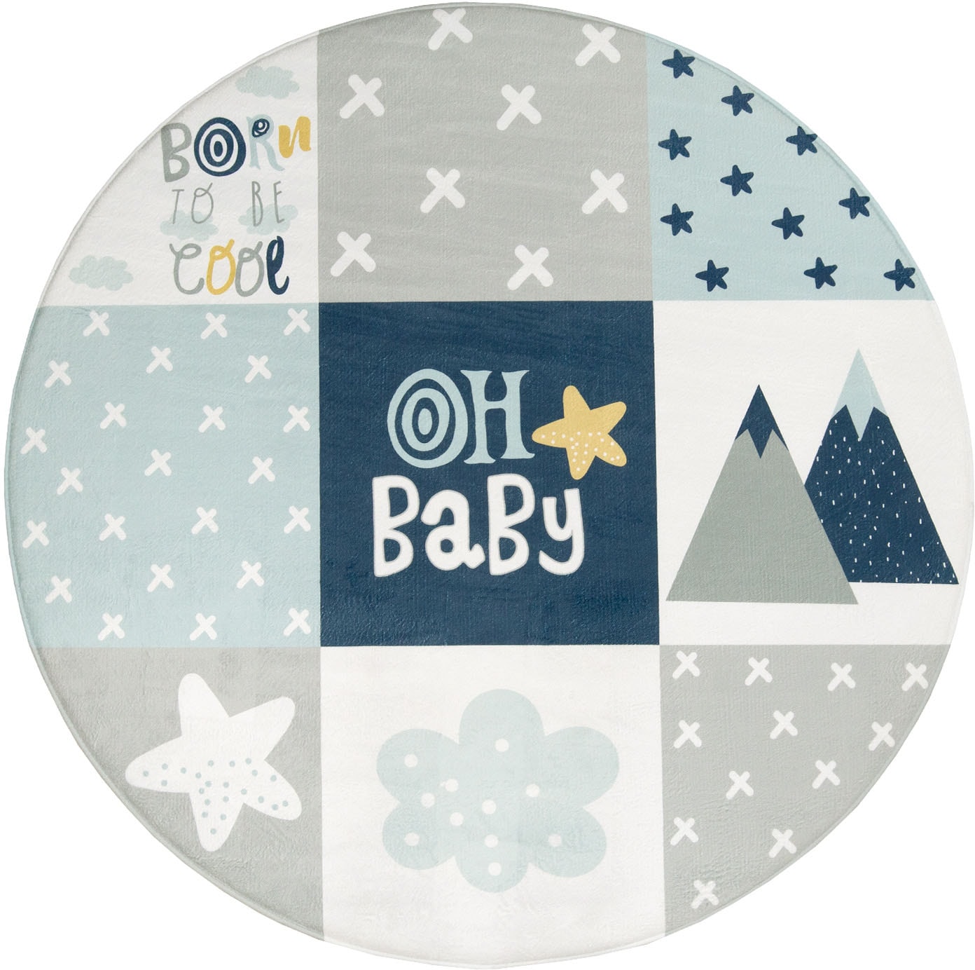 Image of Paco Home Kinderteppich "Chicos 554" rund 2 mm Höhe gewebt, Patchwork Design, mit Schriftzug & Regenbogen oder Sternen