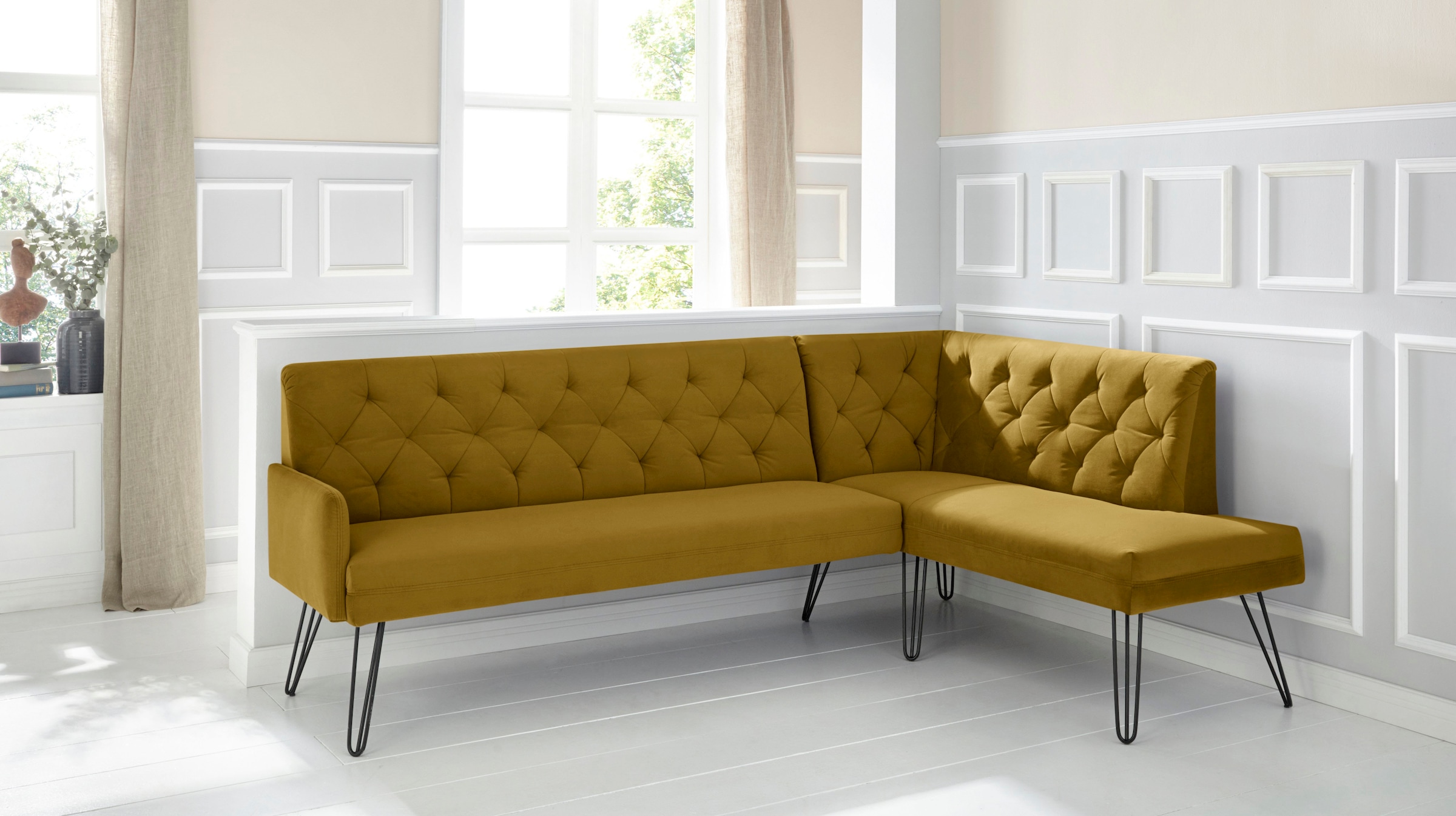 exxpo - sofa fashion Eckbank »Doppio, Chesterfield Optik, komfortabel und bequem, hohe Designfüsse«, Frei im Raum stellbar