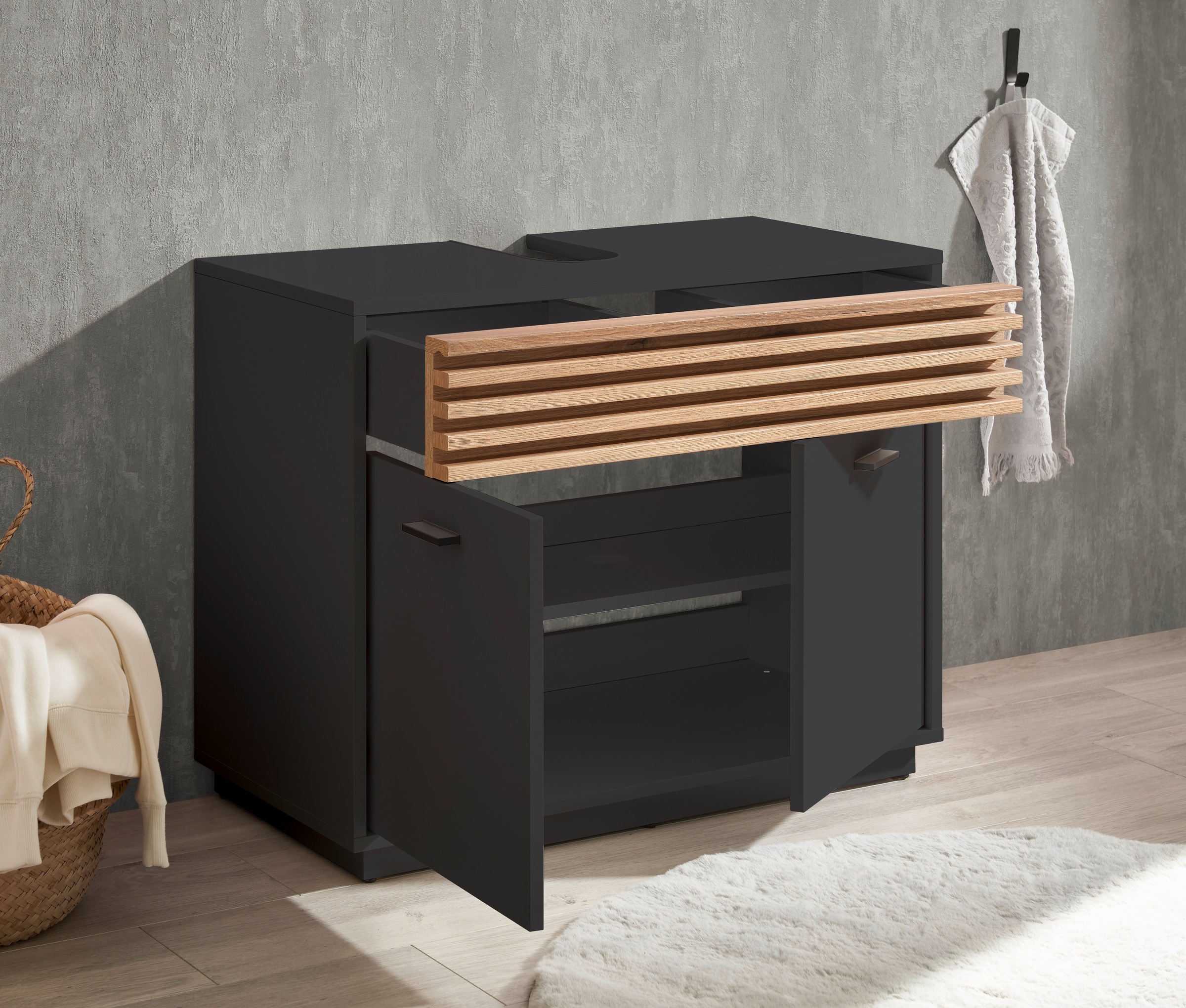 BASIC by Balculina Armoire sous lavabo »Liguria B/H/T 80x64x40 cm« 1 cuis tlg. Largeur 80cm, tiroir sous plan, FSC-Mix 70%