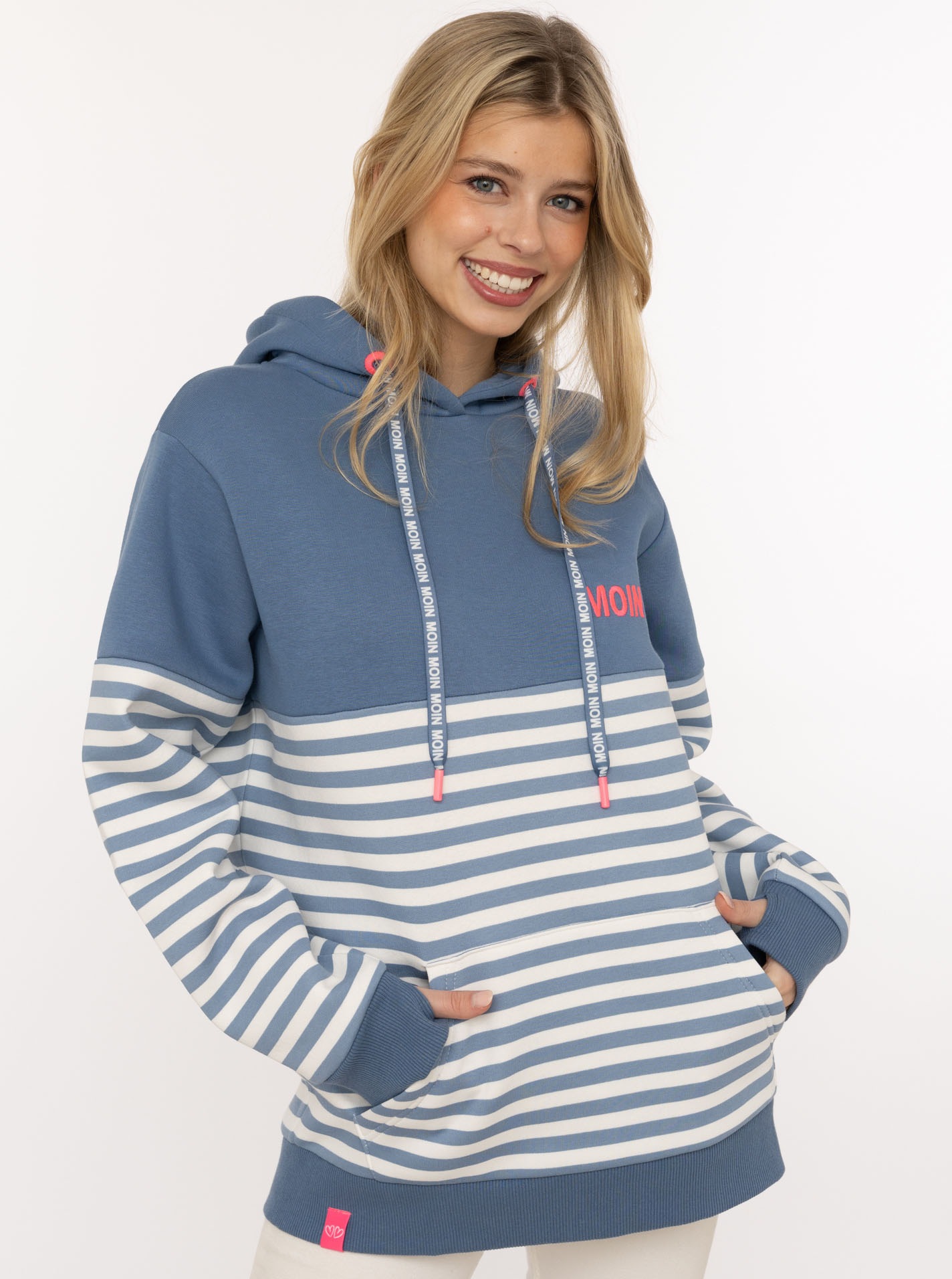 Image of Zwillingsherz Hoodie ""Moin Streifen"", Stickerei, Kapuze mit bedruckter Kordel, gestreift