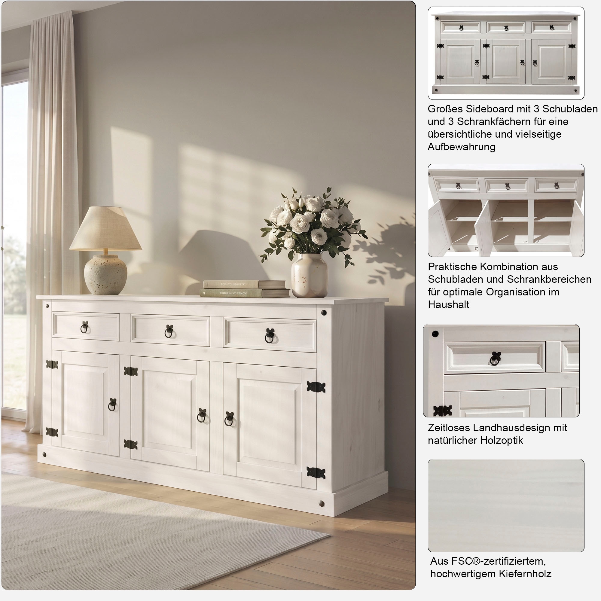 GOODproduct Buffet »Mexiko Kommode mit 3 Türen und 3 Schubladen mit Ringgriffen aus Metall« commode en pin massif, largeur 151 cm