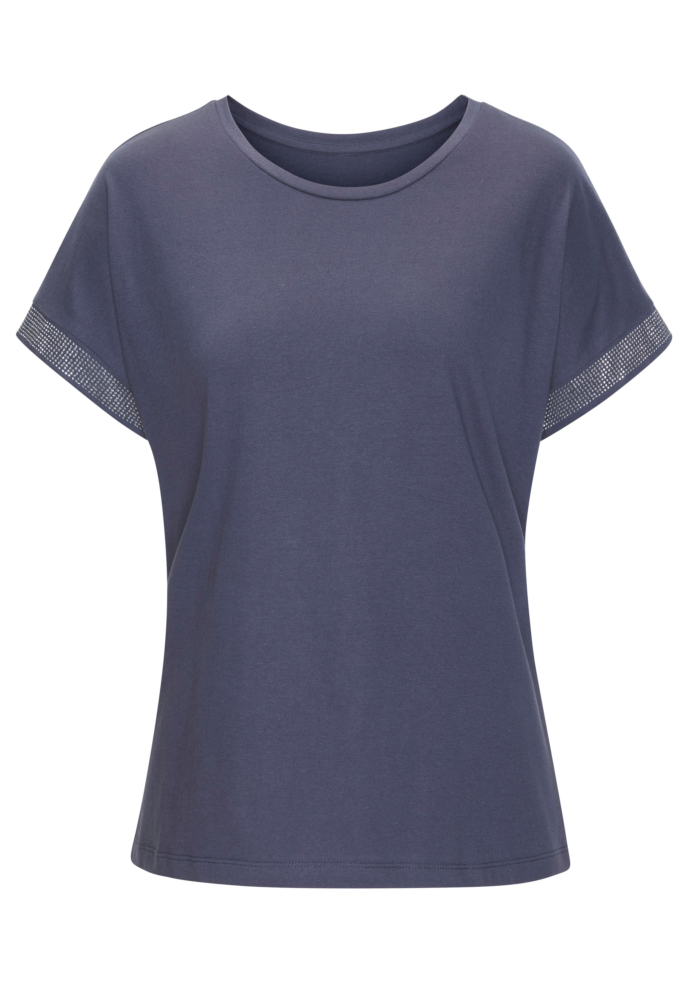 LASCANA Kurzarmshirt »mit glitzernem Strass-Design am Arm«, aus weicher Baumwoll-Qualität