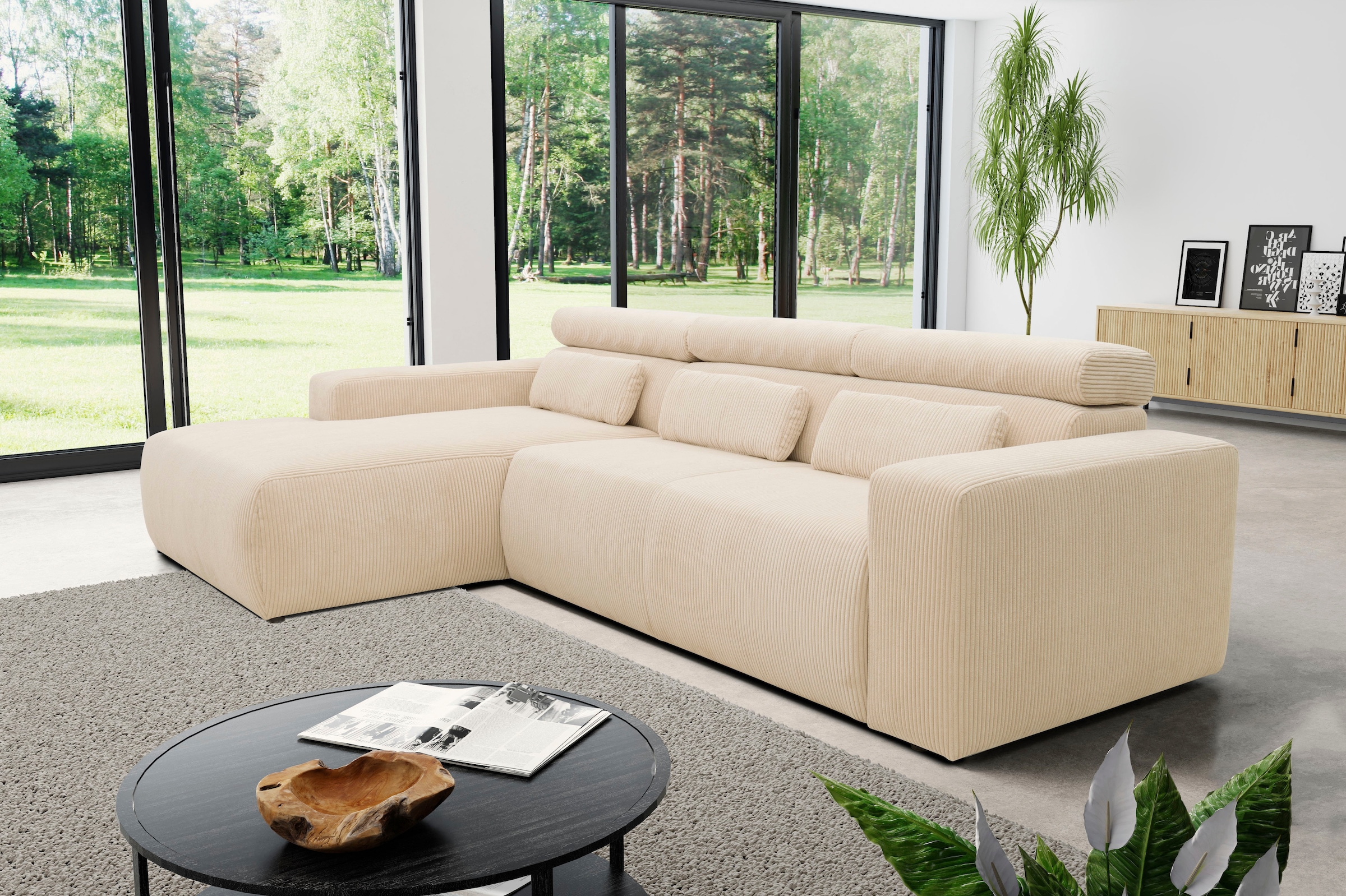 Image of DOMO collection Ecksofa "BRANDON 289x177 cm, belastbar bis 140 kg/Sitz, L-Form" ohne Sitztiefenverstellung, Cord, creme