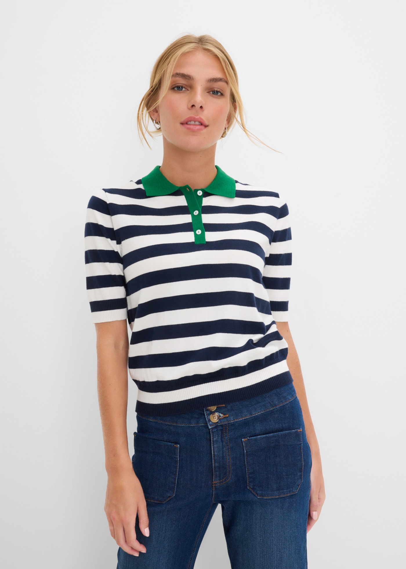 Image of bonprix Strickpullover mit Polokragen, Regular Fit, Halbarm, gestreift