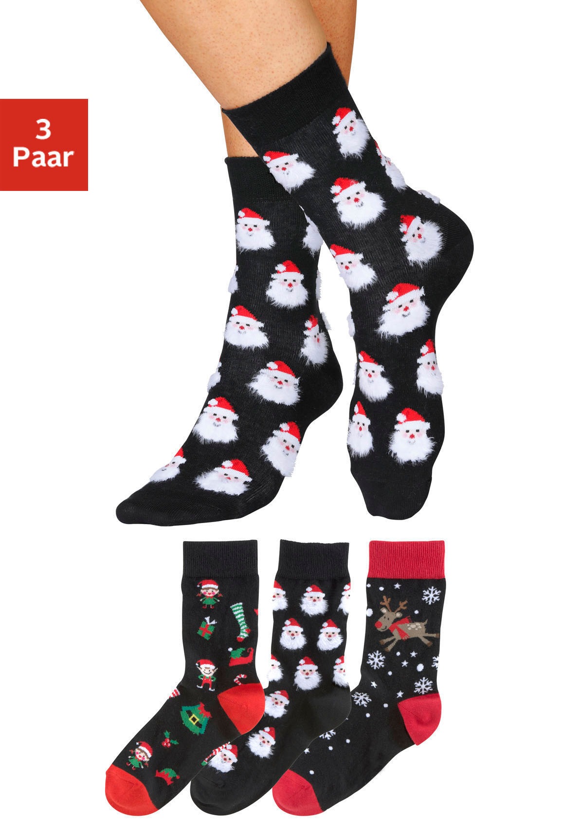Image of H.I.S Socken Packung, 3 Paar tlg. mit lustigen Weihnachtsmotiven