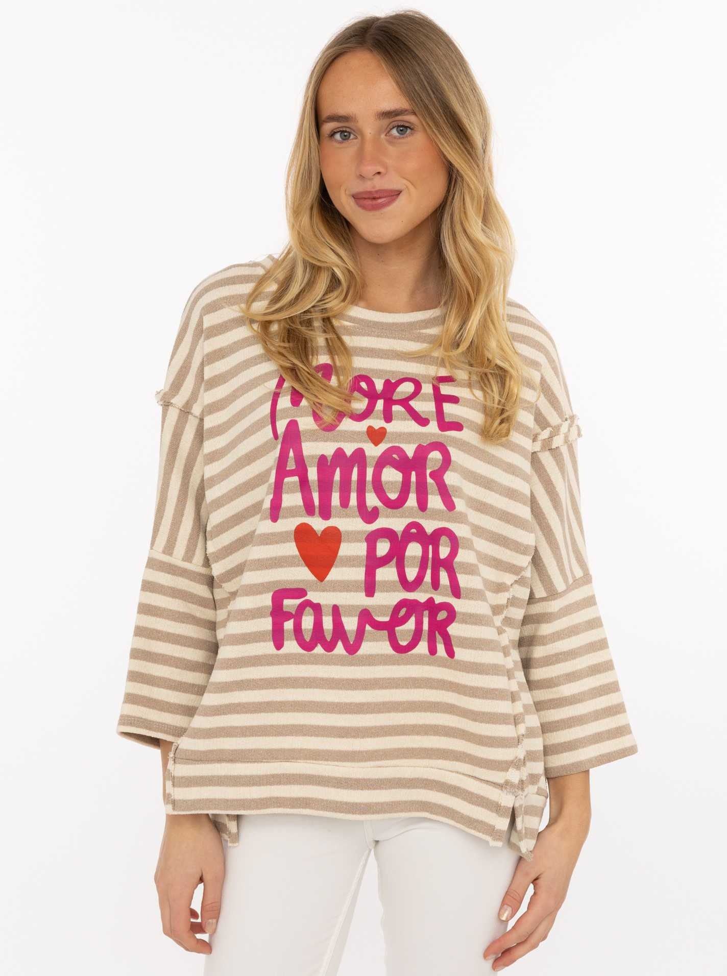 Image of Zwillingsherz Streifenpullover ""More Amor Por Favor "" gestreift, Rundhals, grosse Aufschrift