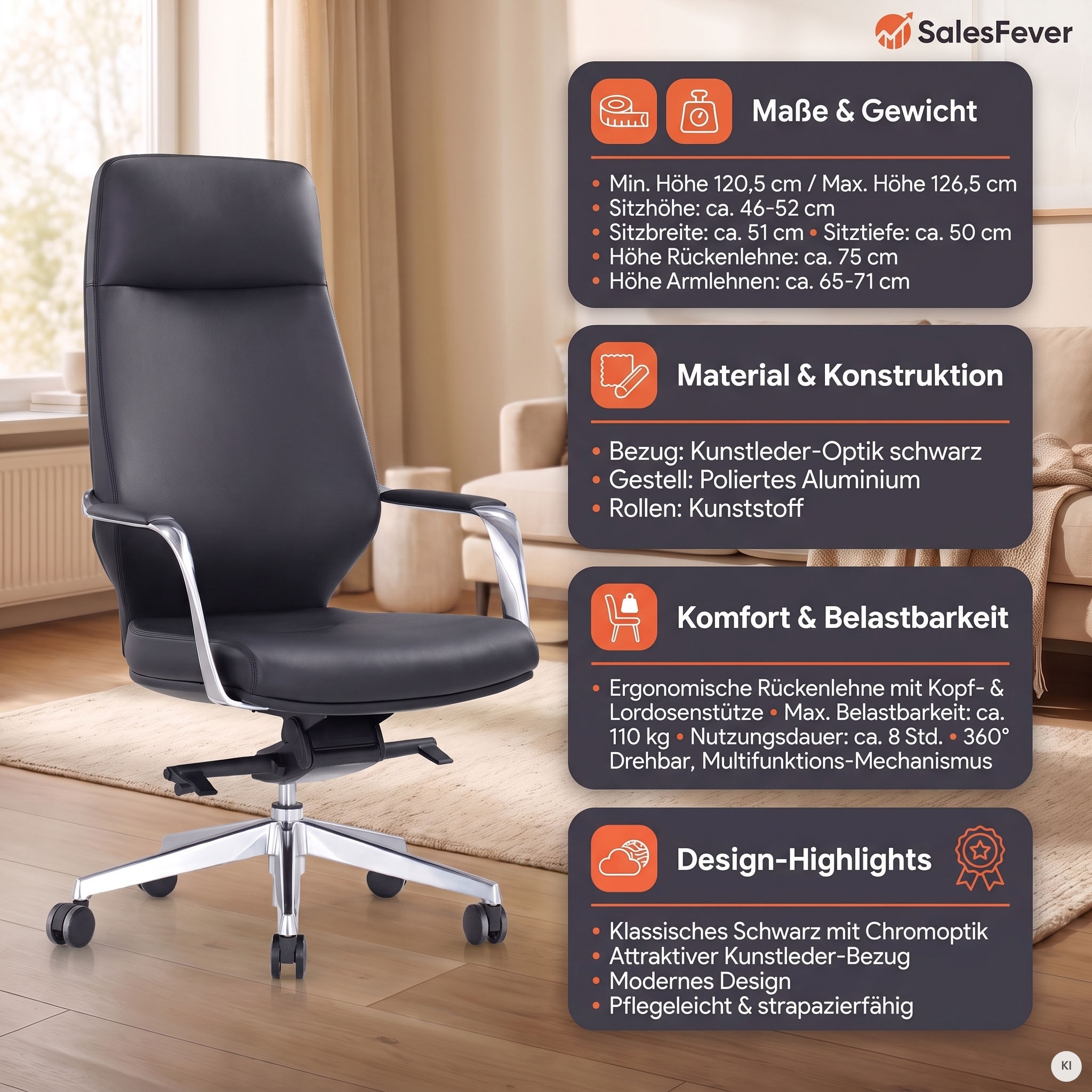 SalesFever Chaise pivotante »mit Stil und Komfort« () Chaise de bureau ergonomique avec revêtement en similicuir facile d’entretien