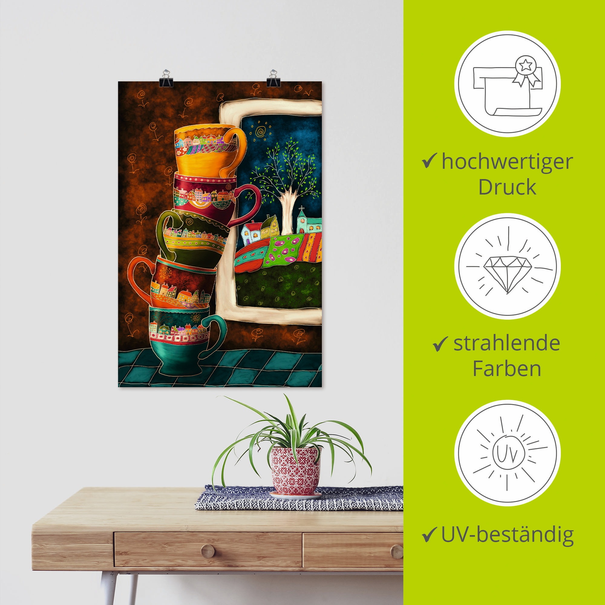 Artland Wandbild »Fröhliche Kaffeetassen«, Getränke, (1 St.), als Alubild, Outdoorbild, Leinwandbild, Poster, Wandaufkleber