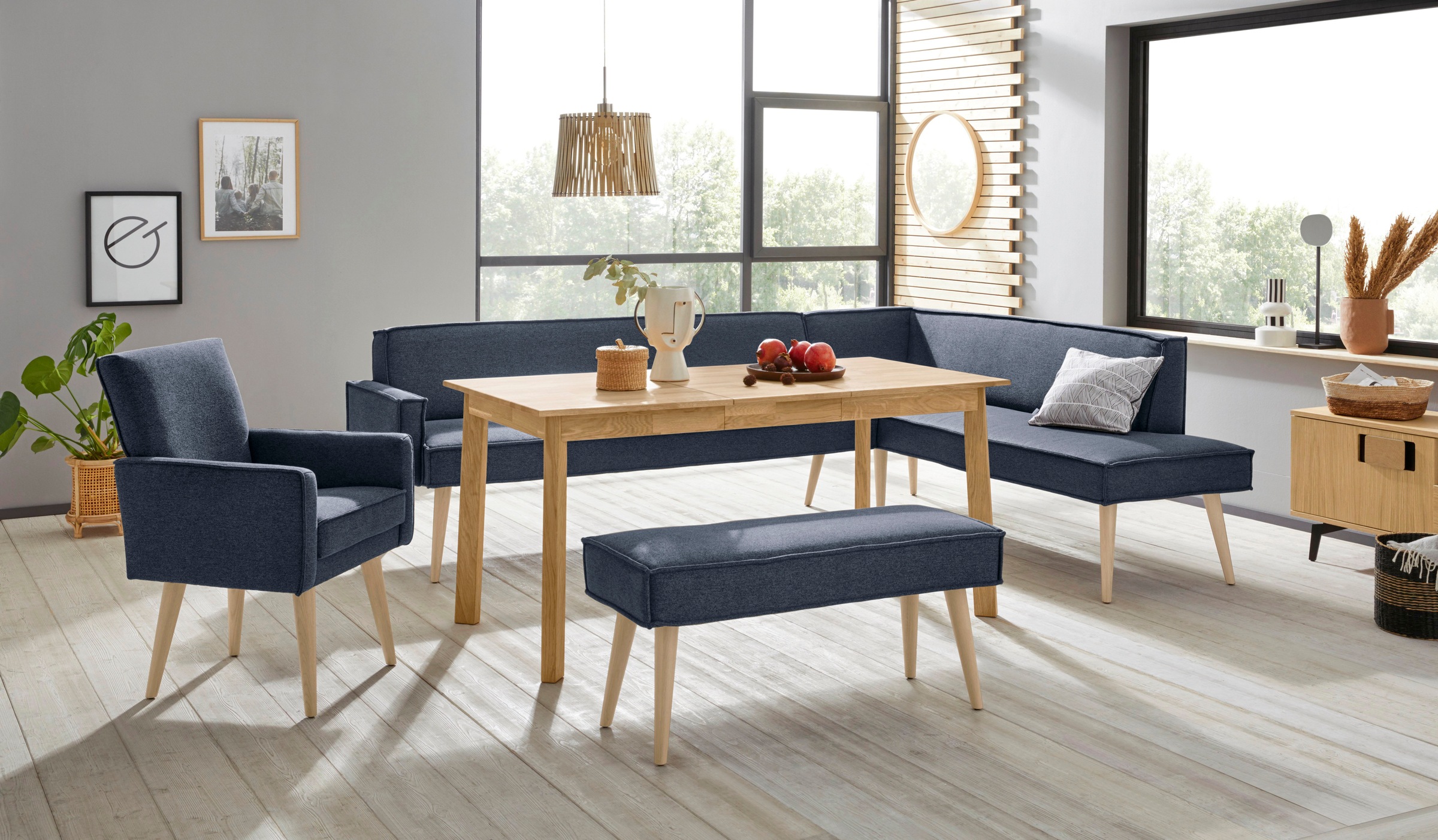 exxpo - sofa fashion Eckbank »Lungo, moderne Kedernaht, bequem und elegant, hoher Holzfuss«, hochwertige Detailverarbeitung, frei im Raum stellbar