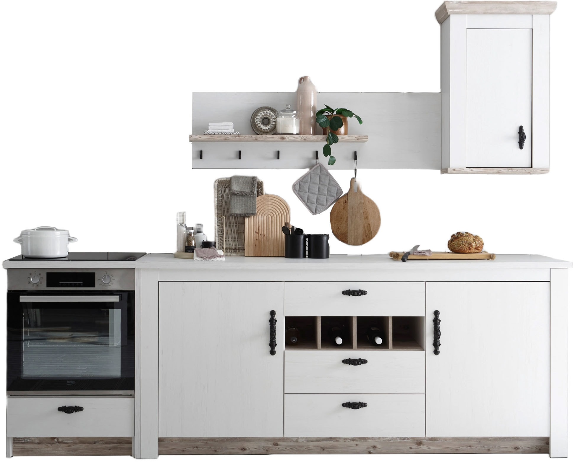 Image of Home affaire Küchenzeile "Florenz, Küche in Pinie Weiss, mit Herdumbau, ohne E-Geräte" Set, Breite 364 cm, mit verschnörkelten Metallgriffen, Arbeitshöhe 92 cm
