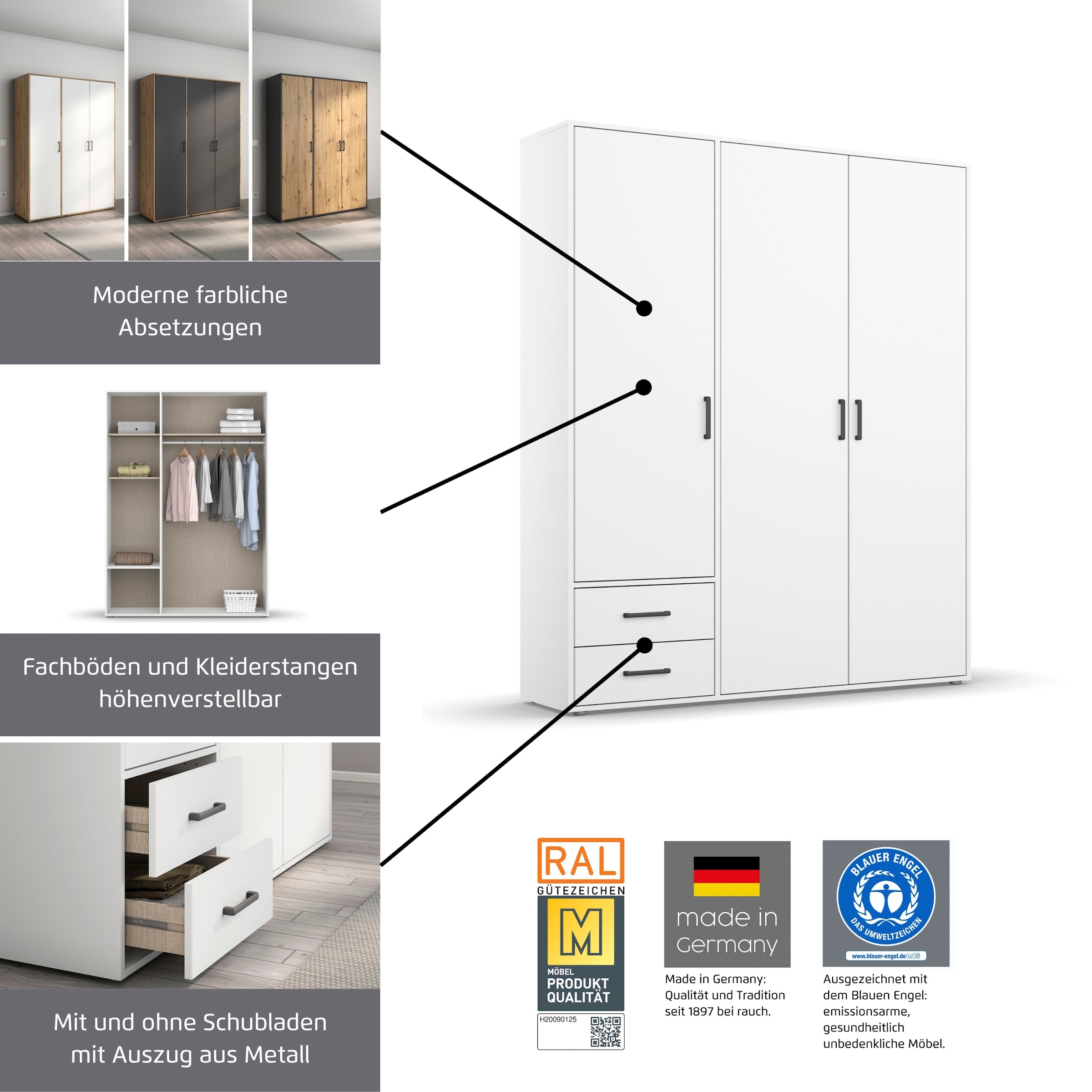 rauch Kleiderschrank »Drehtürenschrank Schrank Garderobe Wäscheschrank VOYAGER« in 3 verschiedenen Ausstattungen BASIC/CLASSIC/PREMIUM,  mit 2 modernen Griffvarianten, mit Aussenschubladen MADE IN GERMANY