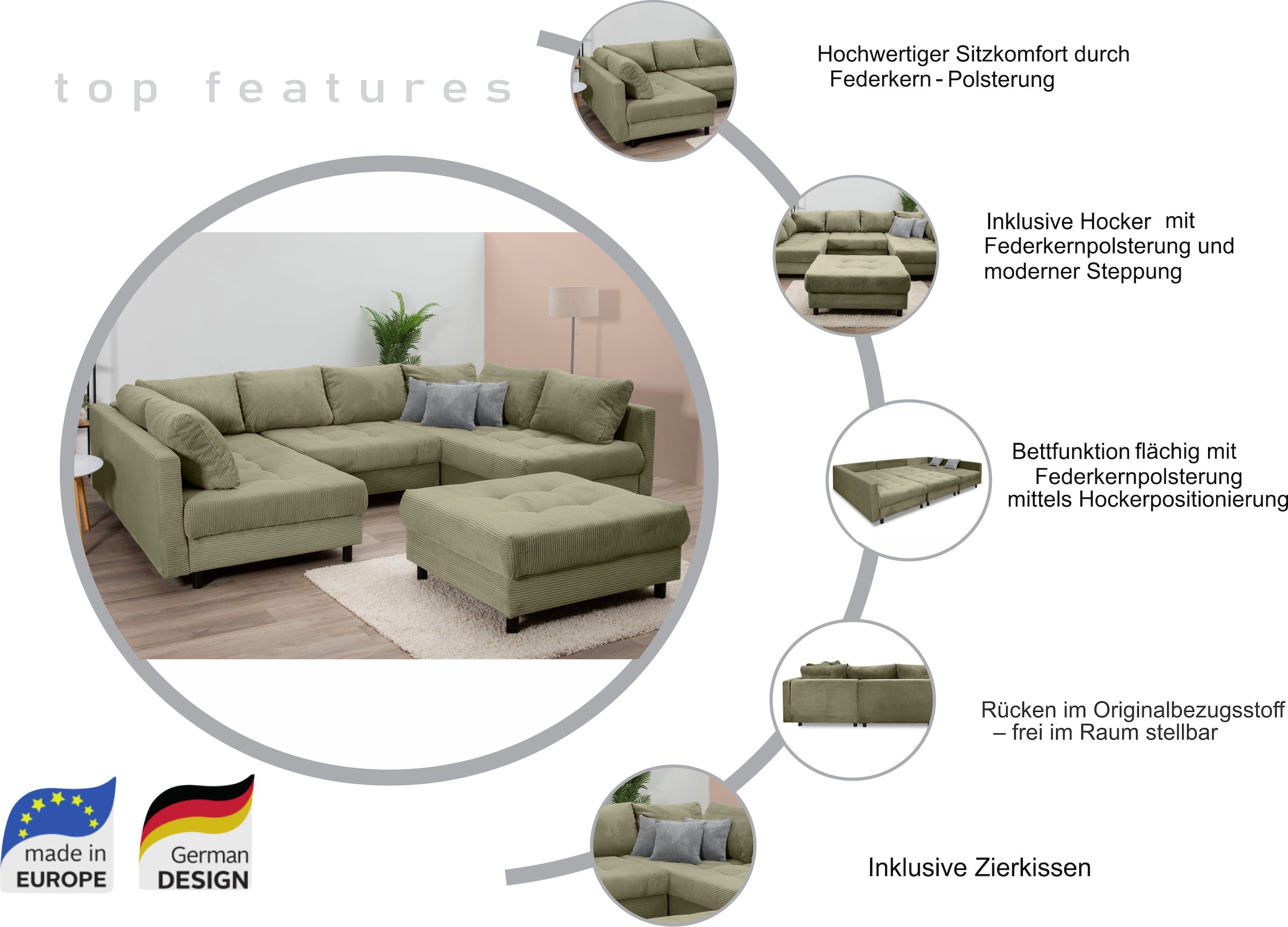 Home affaire Wohnlandschaft »Toni U-Form«, mit zwei gleich grossen Ottomanen, Federkern-Polsterung