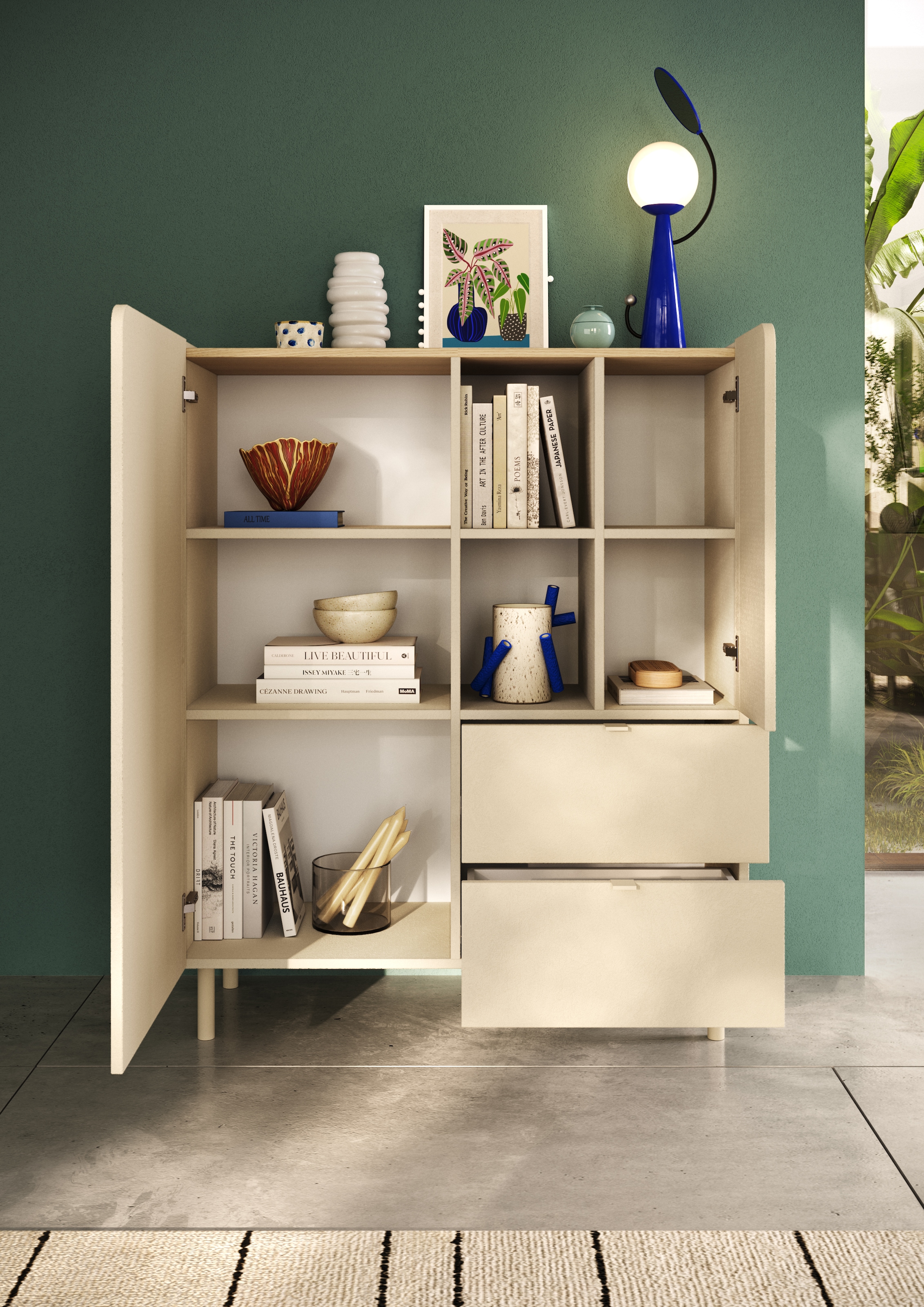 GOODproduct Highboard »Dobbiaco, B/H 101/124 cm, 2 Türen, 2 Schubkästen, Stauraumschrank« Innenliegendes Top, gerade Metallfüsse, Tür mit Rundung