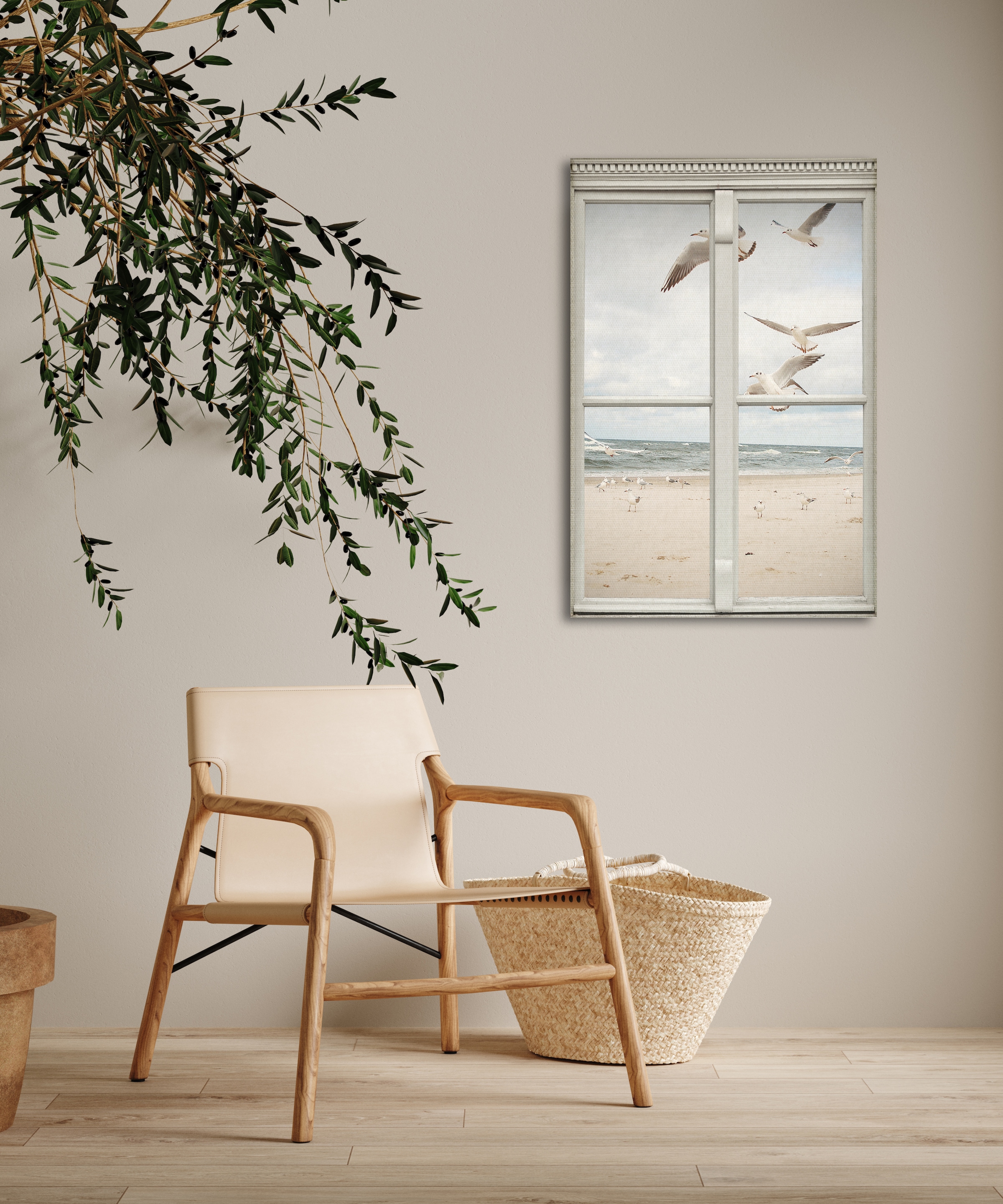 queence Leinwandbild »Möwen«, Meer-Natur-Vögel-Fensterblick, (1 St.), Premium-Leinwandstoff