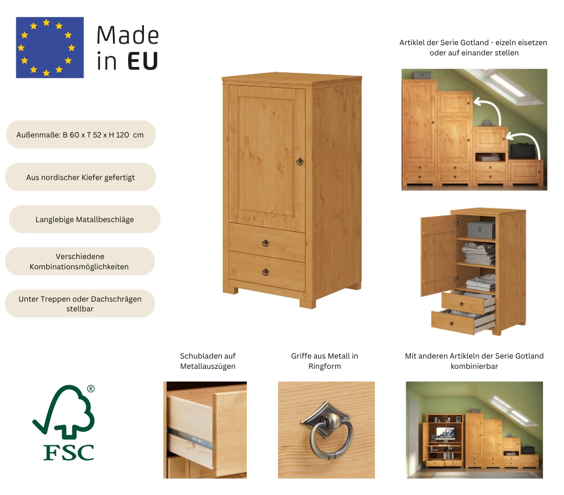 GOODproduct Armoire à linge »Gotland, Schrankmodulsystem, einzeln oder mit der Serie kombinierbar« massive Kiefer, variabel einsetzbar, auch für Dachschrägen
